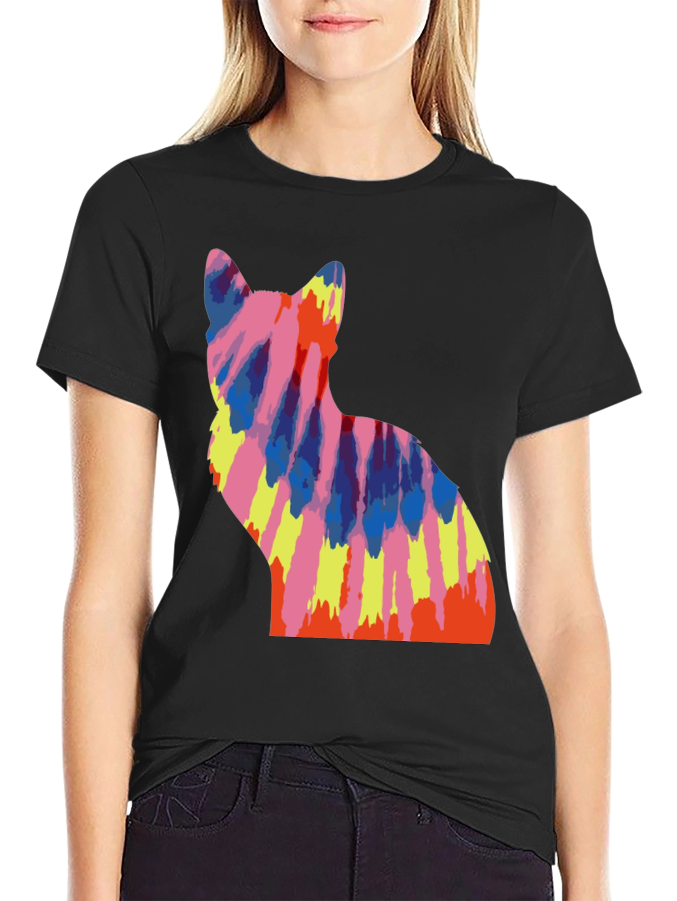 Black Tie Dye Cat Graphic Tee view 2