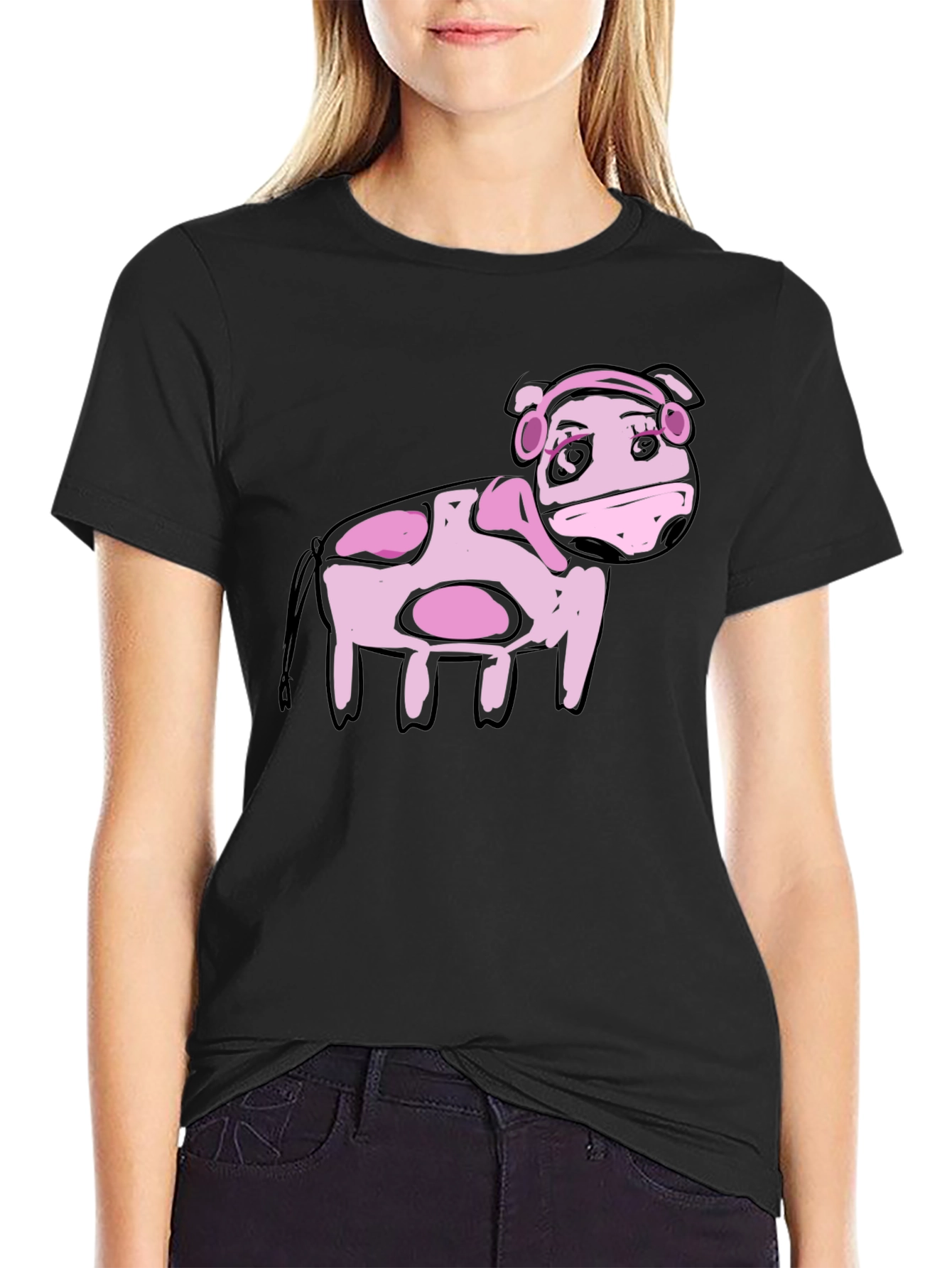 Black Cartoon Pink Cow Black T-Shirt view 2