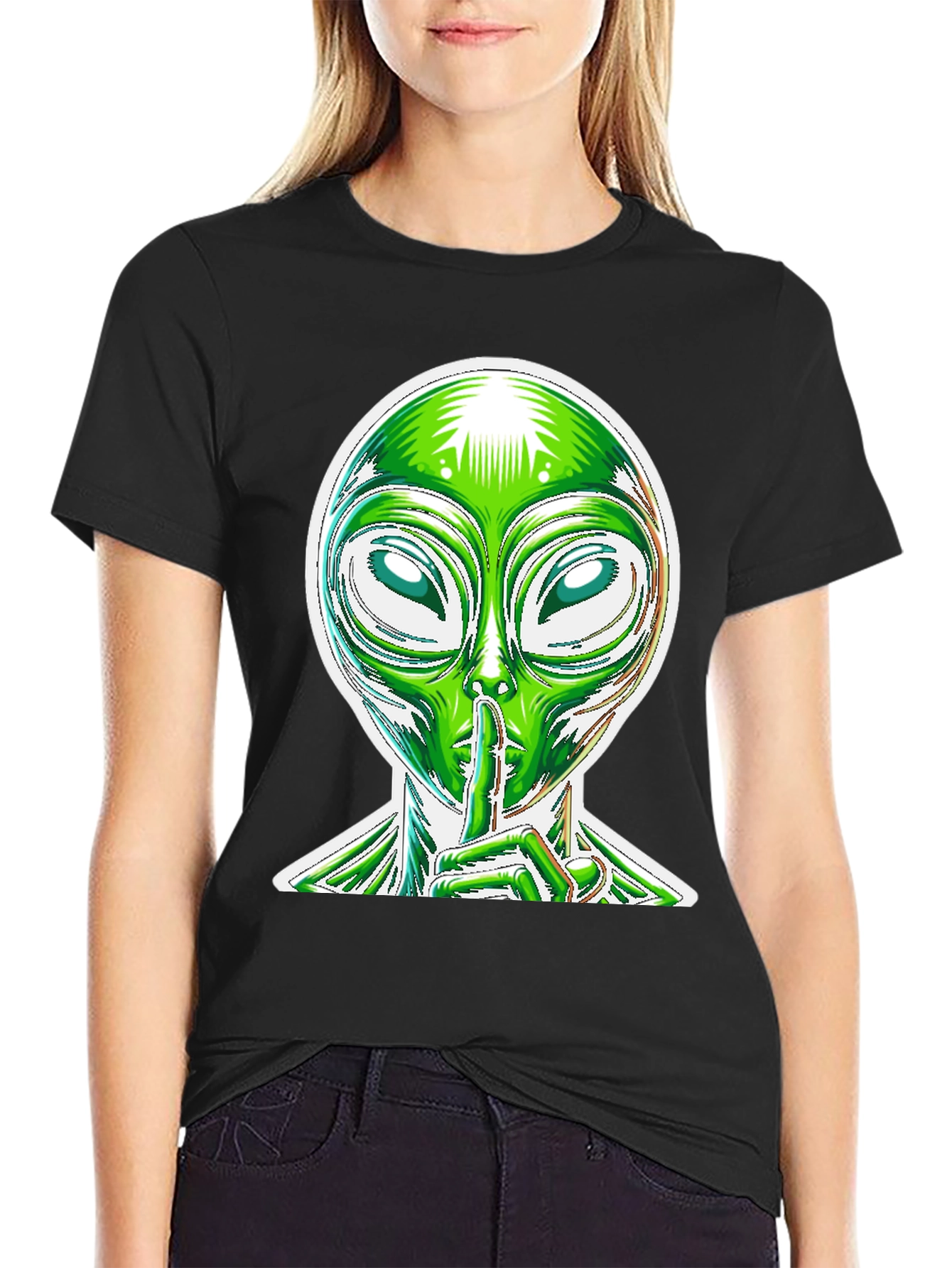 Black Alien Shhh Graphic Tee - Black Cotton Blend Shirt view 2