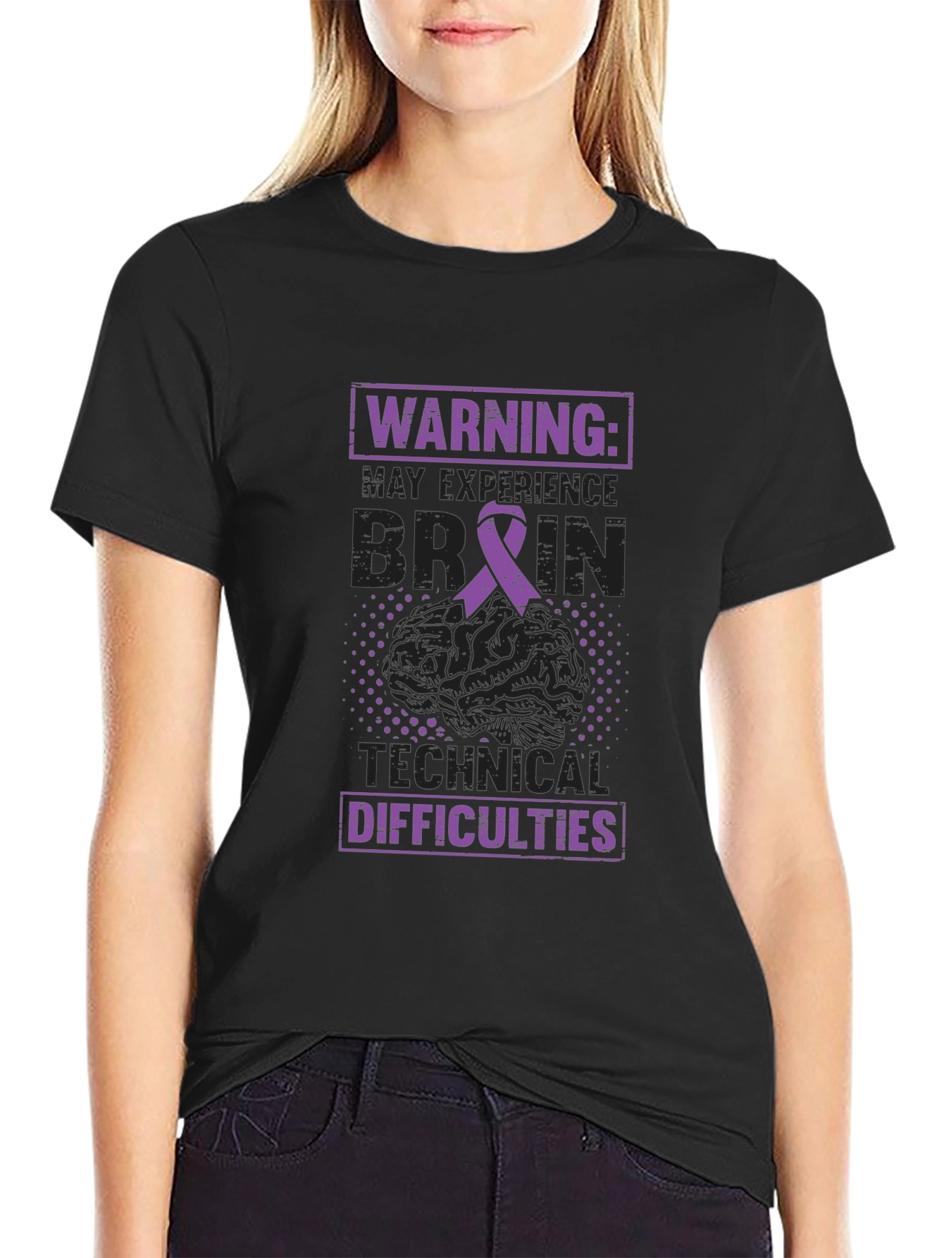 Black Warning Brain Technical Difficulties Awareness Tee view 2
