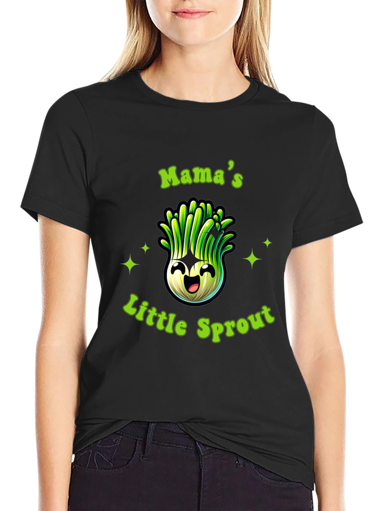 Black Mama's Little Sprout Black T-Shirt - Cute Onion Cartoon view 2