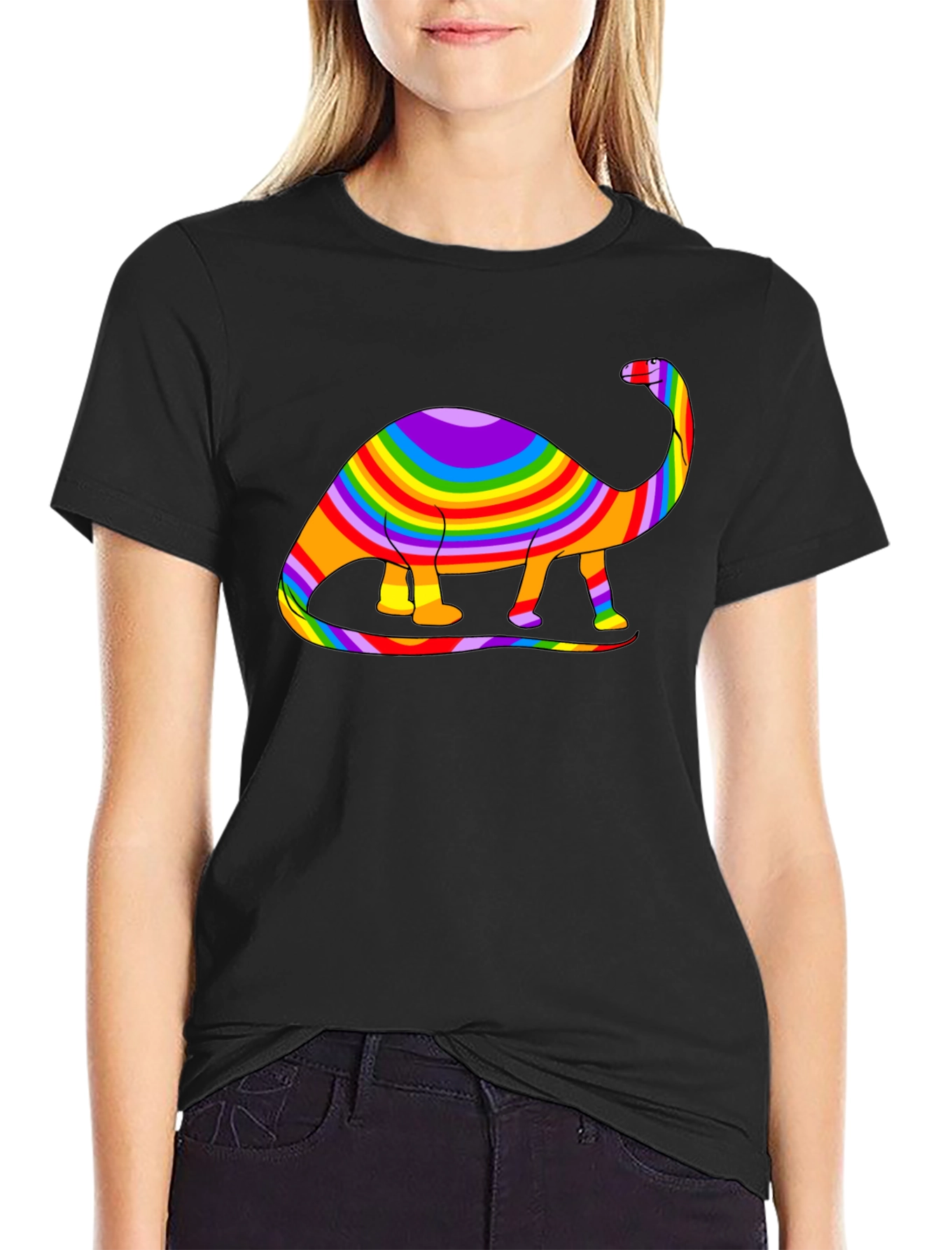 Black Rainbow Dinosaur Graphic Tee - Black Cotton Blend view 2