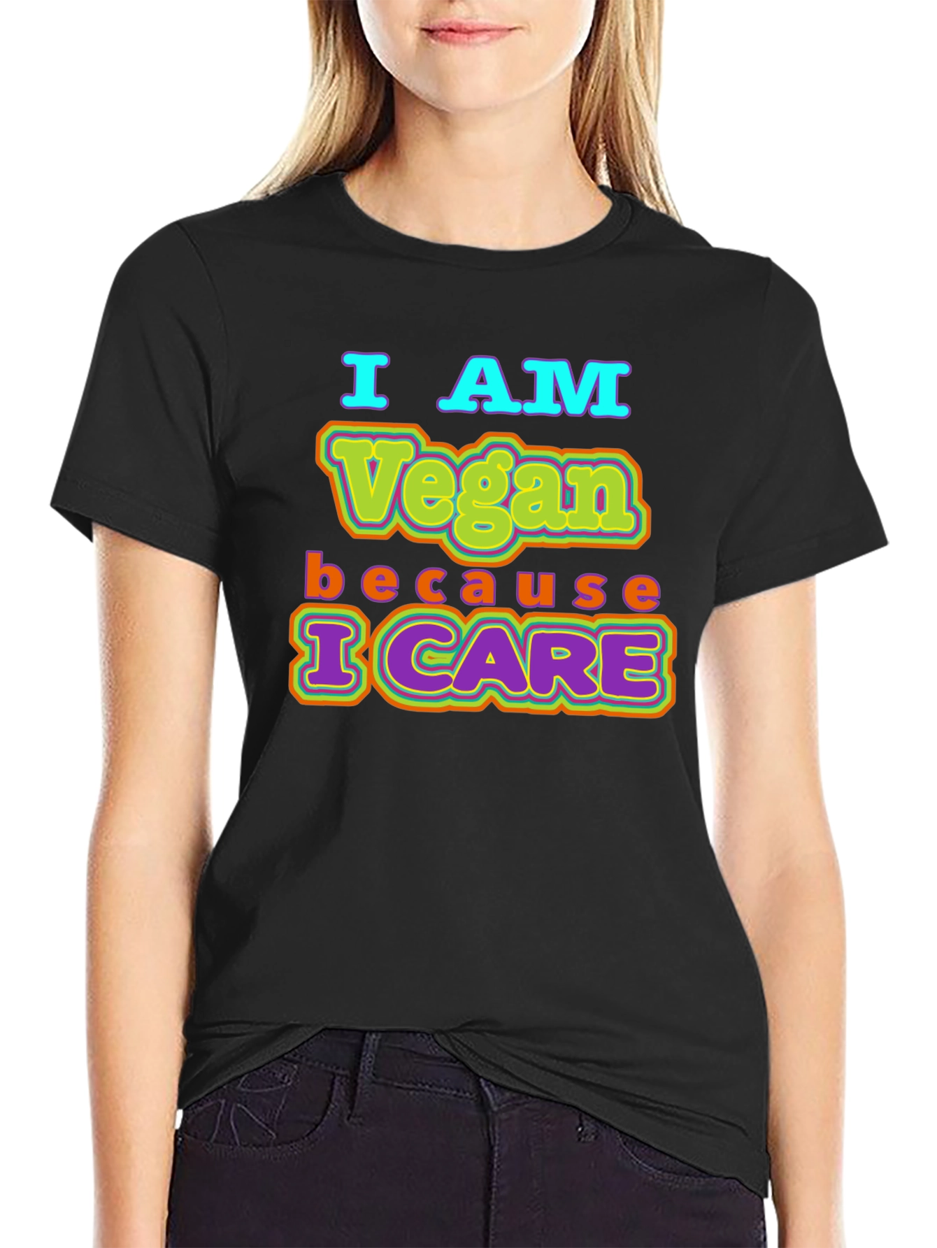 Black I AM Vegan Because I CARE Black T-Shirt view 2