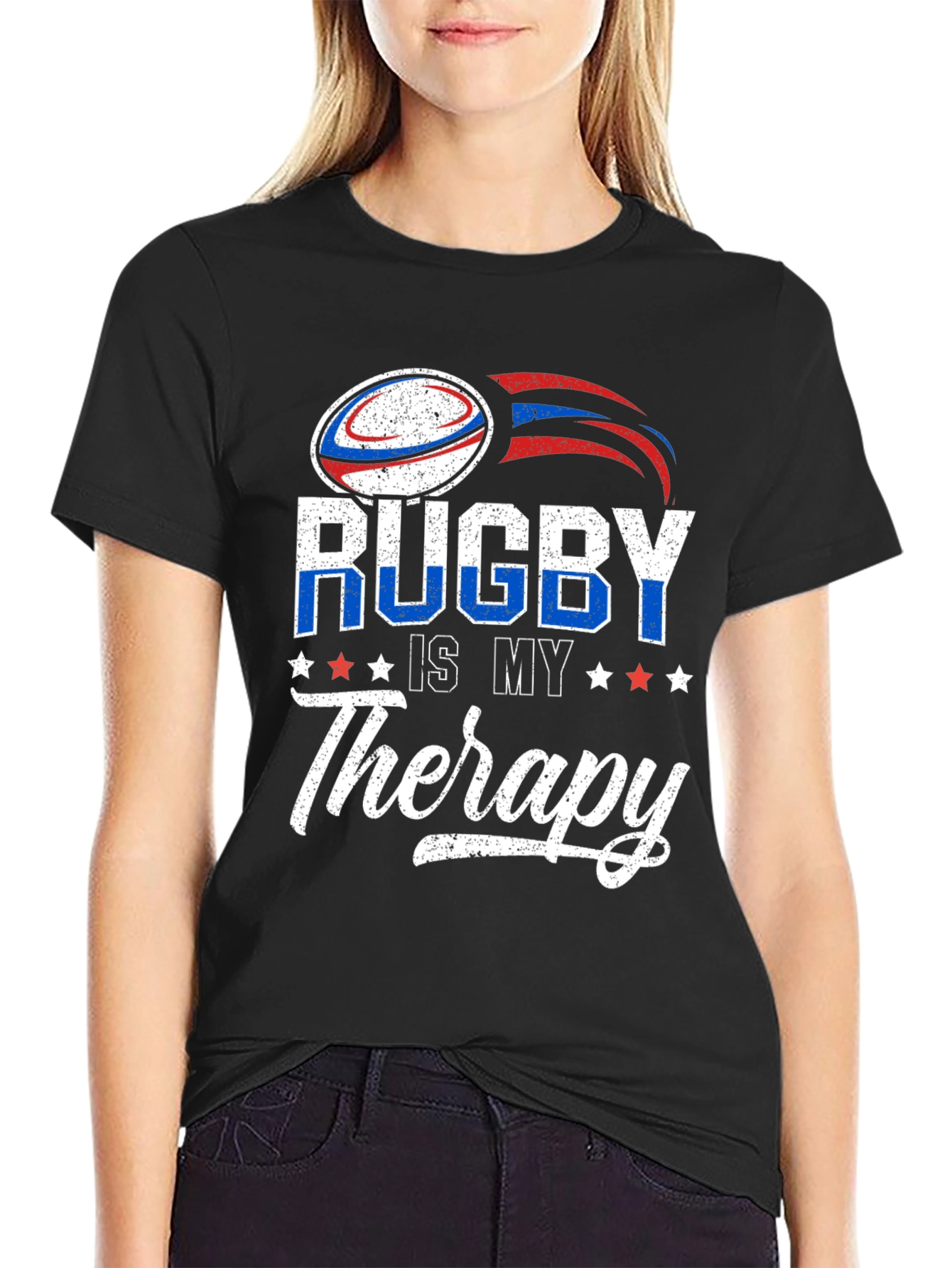 Black Rugby Is My Therapy Graphic T-Shirt view 2
