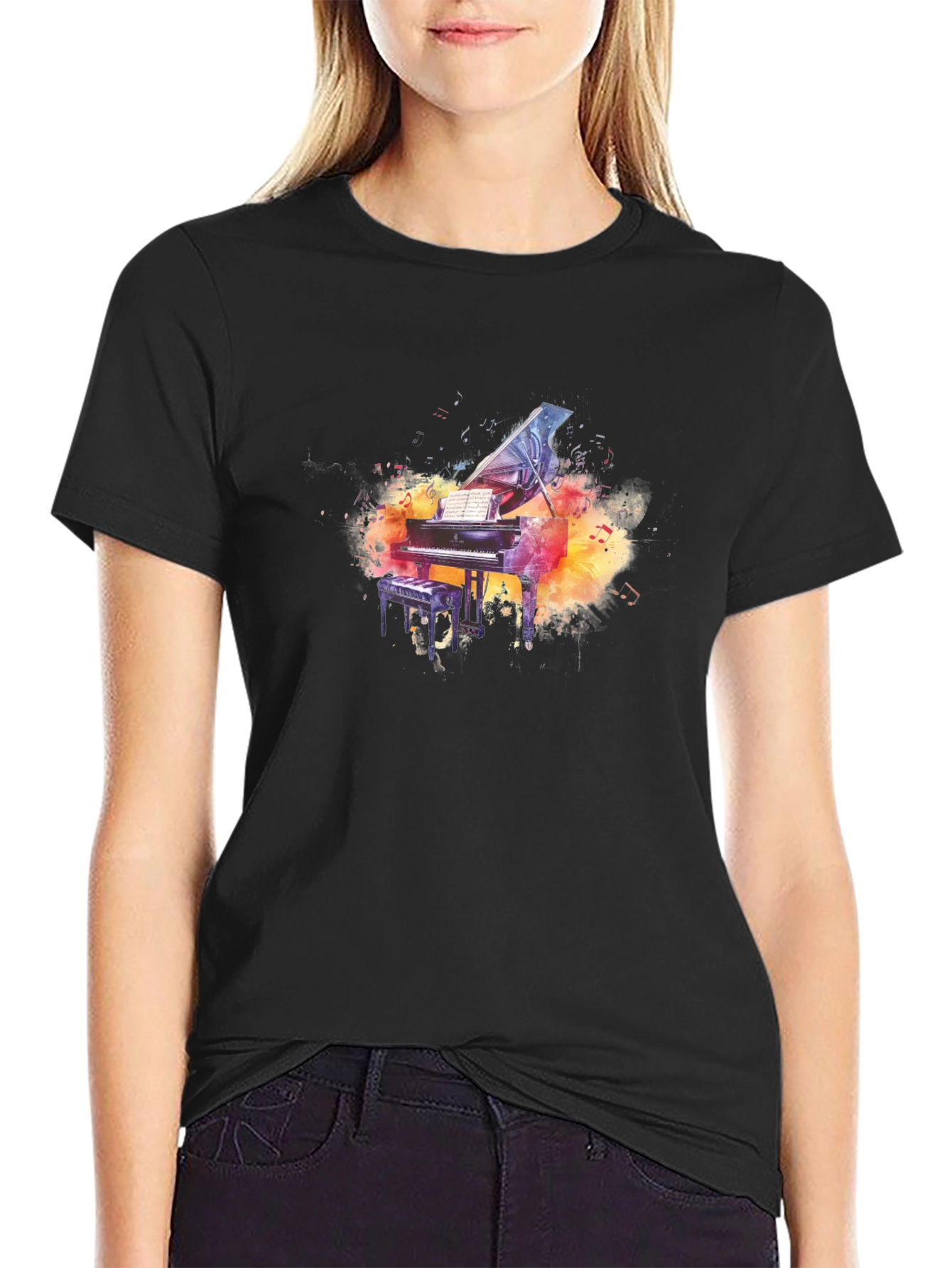 Black Grand Piano Watercolor Graphic Tee - Music Lover Gift view 2