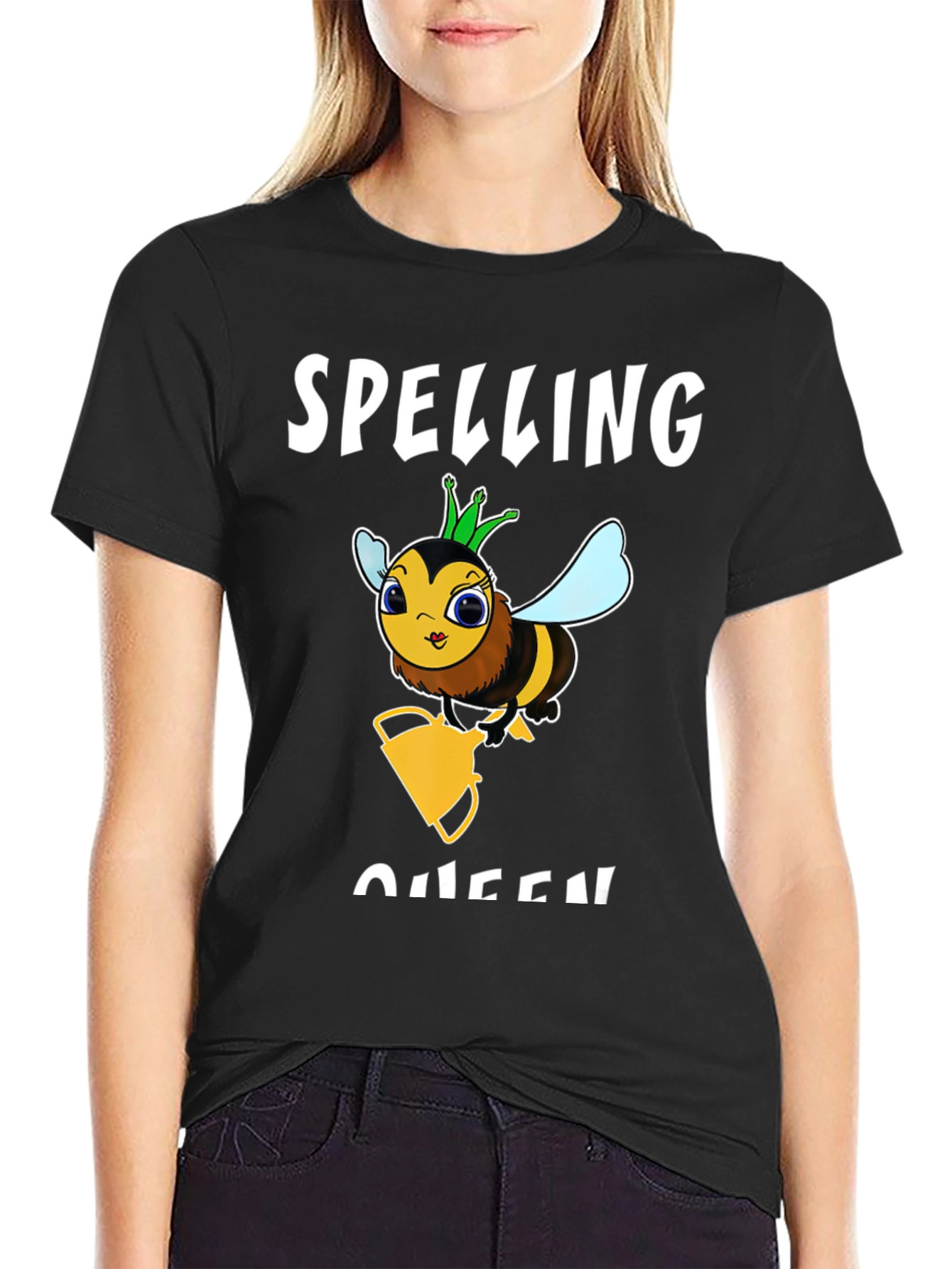 Black Spelling Bee Queen Graphic T-Shirt - Black Cotton Tee view 2