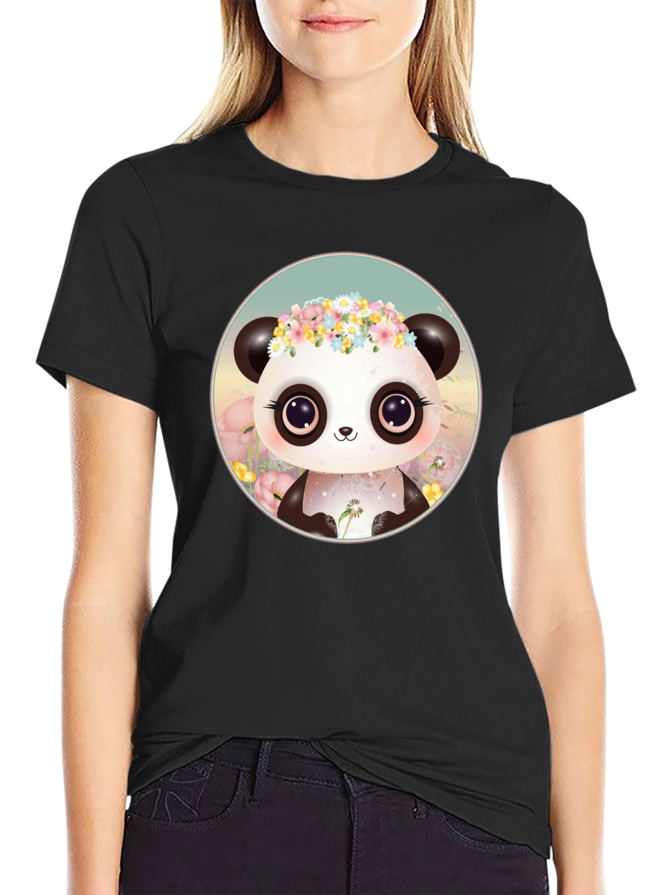 Black Cute Panda Flower Crown Graphic Tee view 2