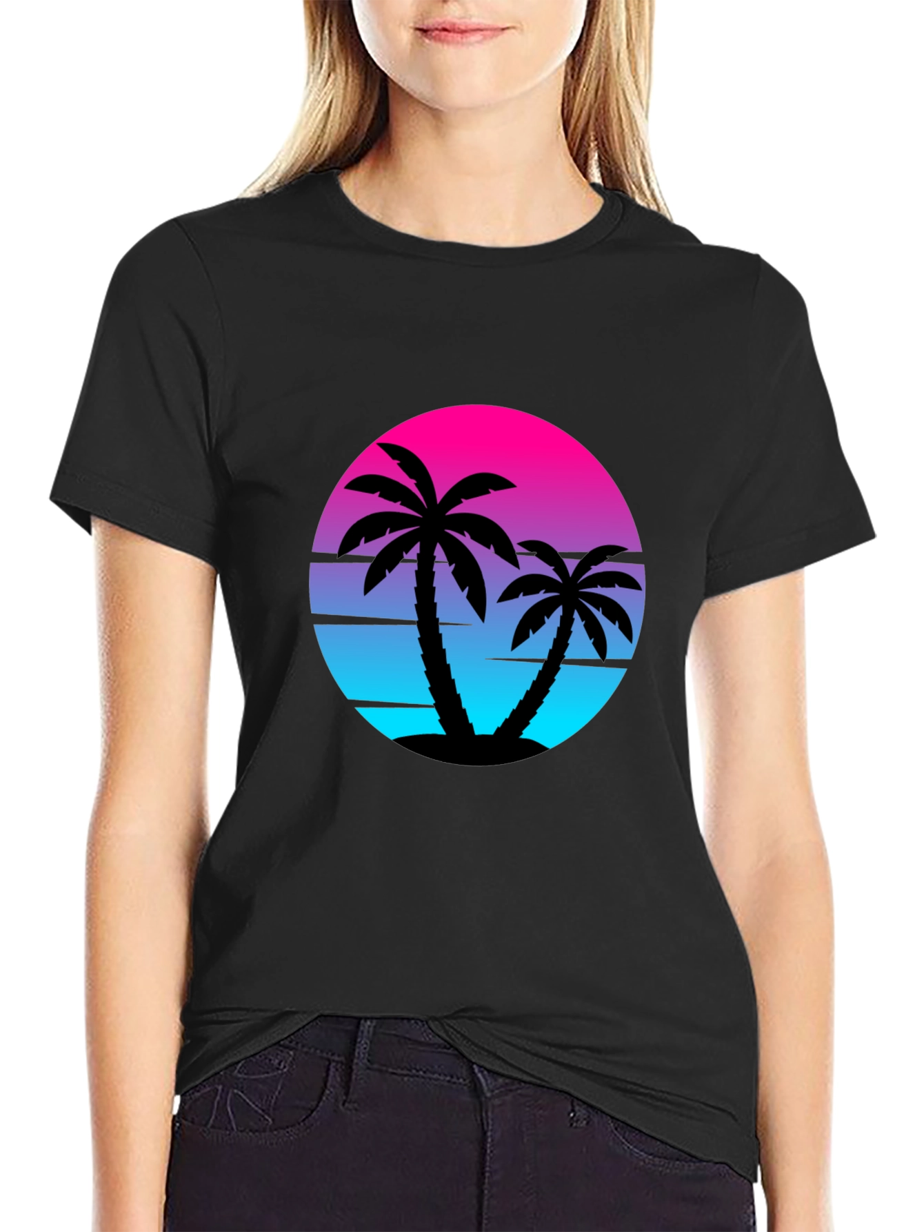 Black Retro Sunset Palm Tree Graphic Tee - Black view 2