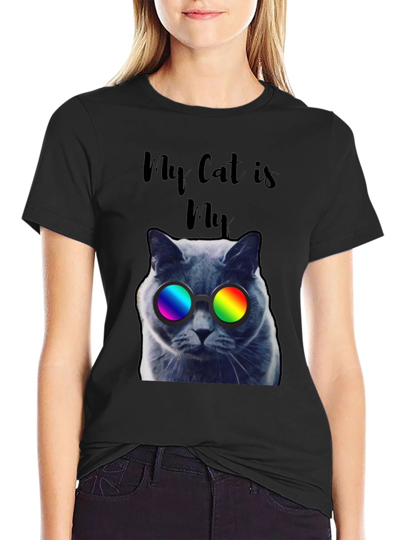 Black Cool Cat T-Shirt - "My Cat is My..." view 2