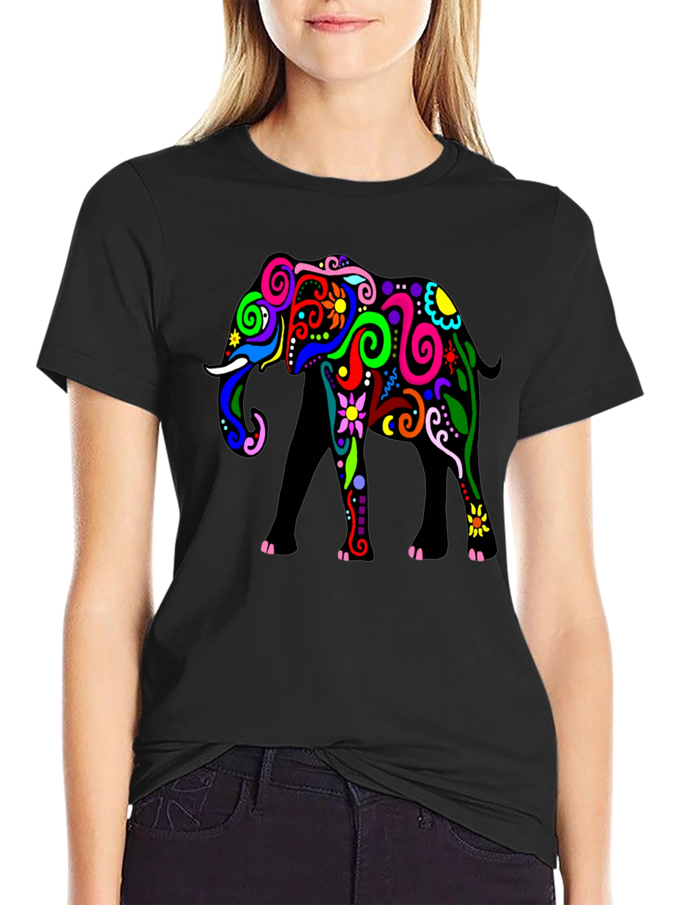 Black Elephant Graphic Tee - Black Cotton T-Shirt view 2