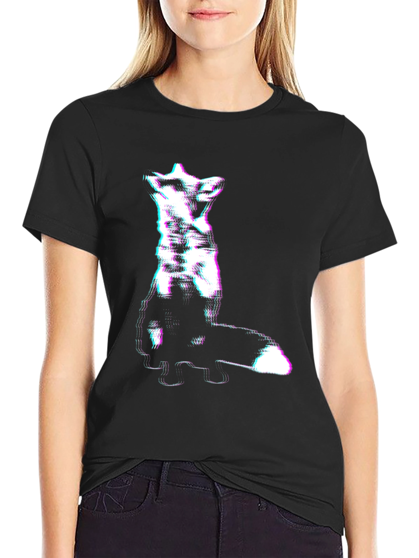 Black Abstract Glitch Fox Tee - Trendy Graphic T-Shirt view 2