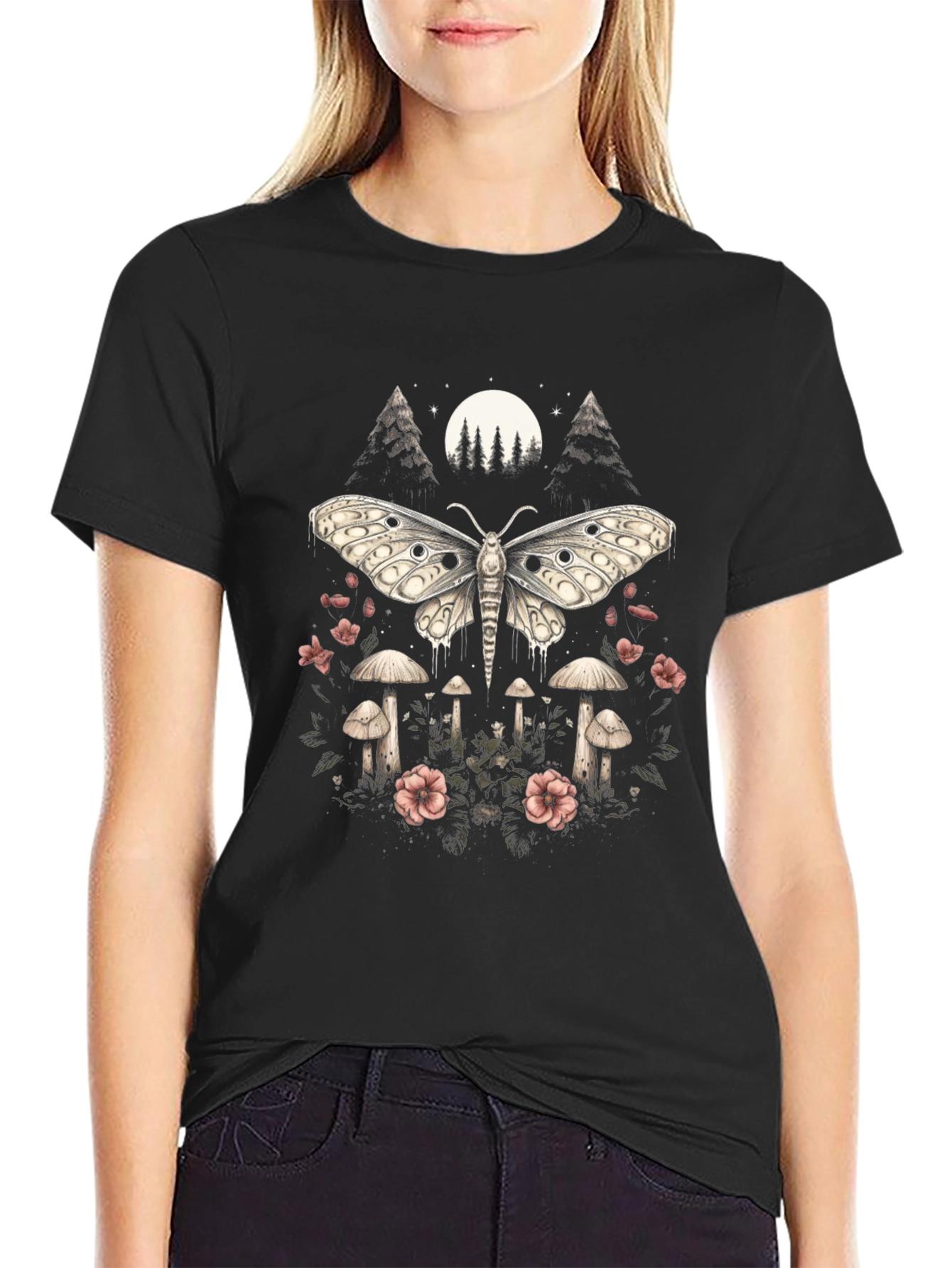 Black Moth & Mushroom Graphic Tee - Black view 2