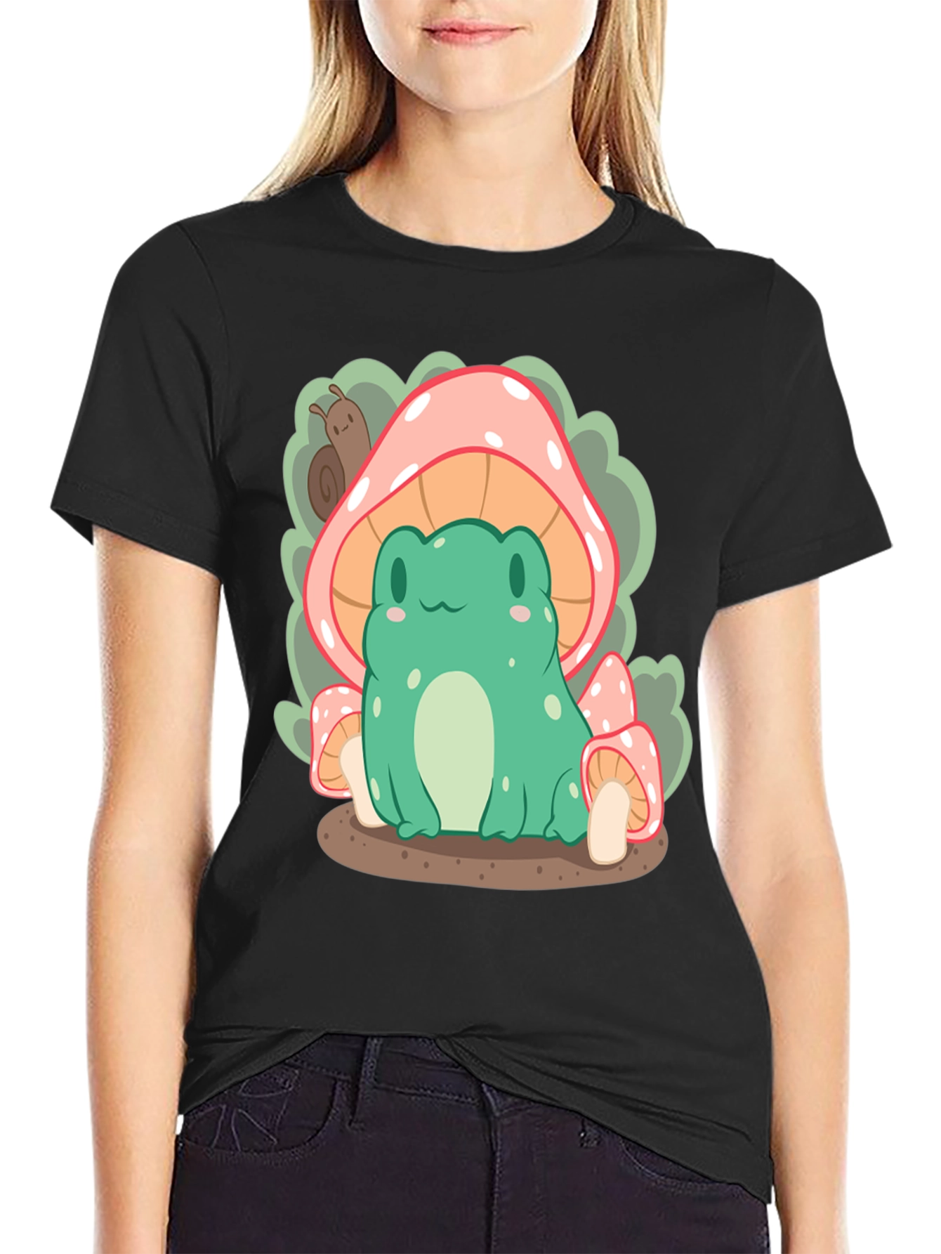 Black Cute Frog Under Mushroom T-Shirt view 2