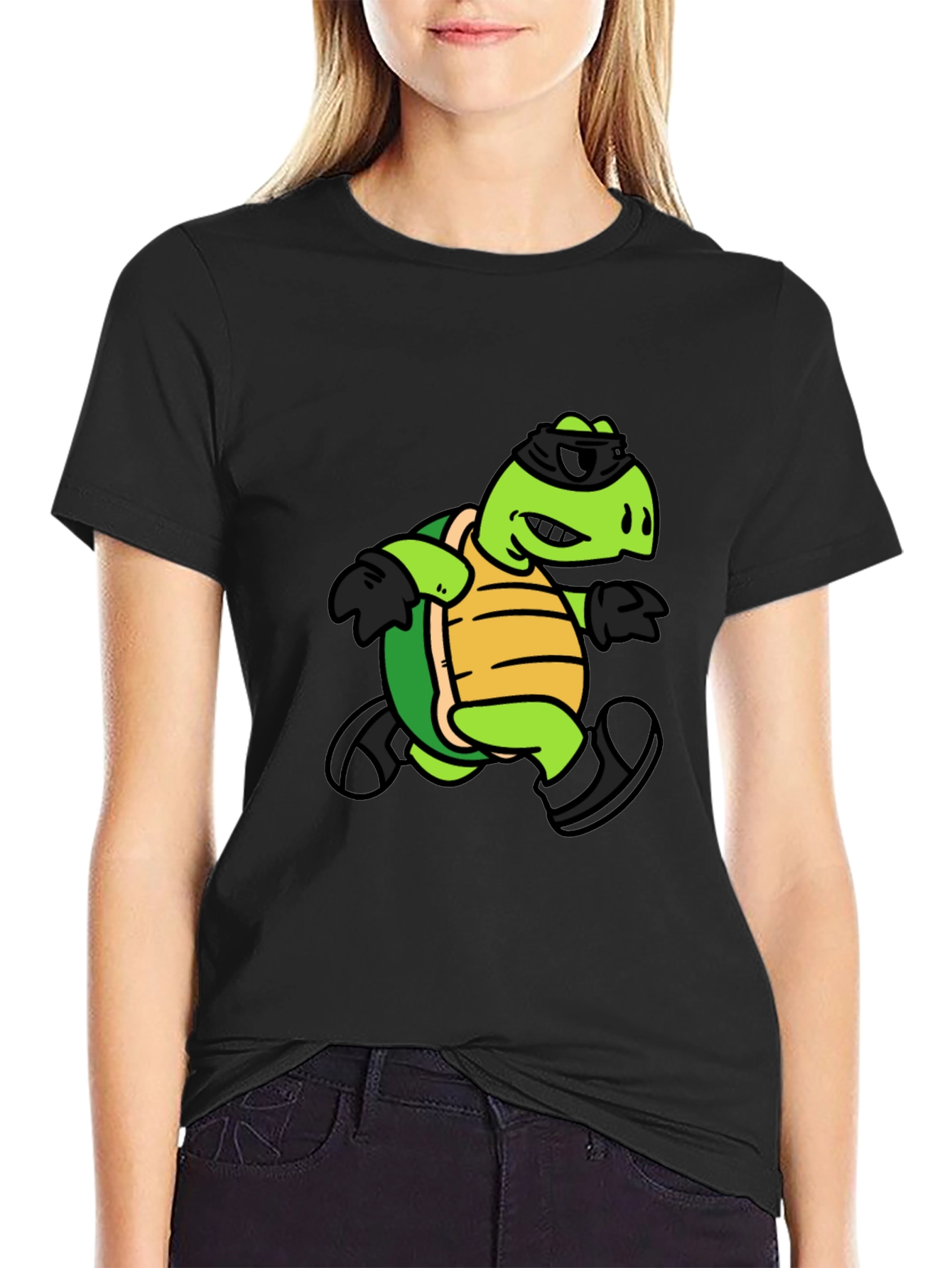 Black Cool Turtle Graphic Tee - Black Cotton T-Shirt view 2