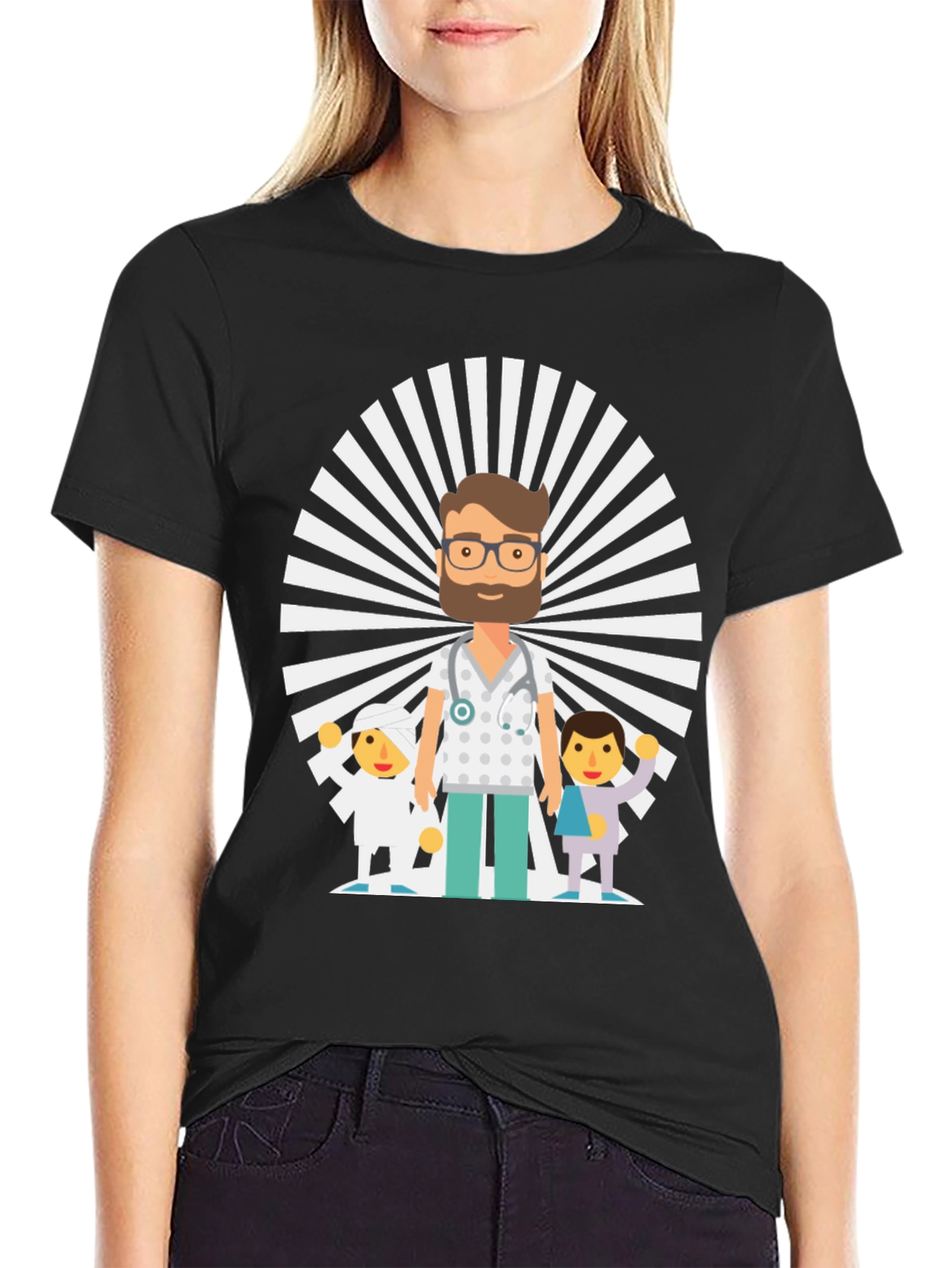 Black Cartoon Doctor & Patients Graphic Tee view 2