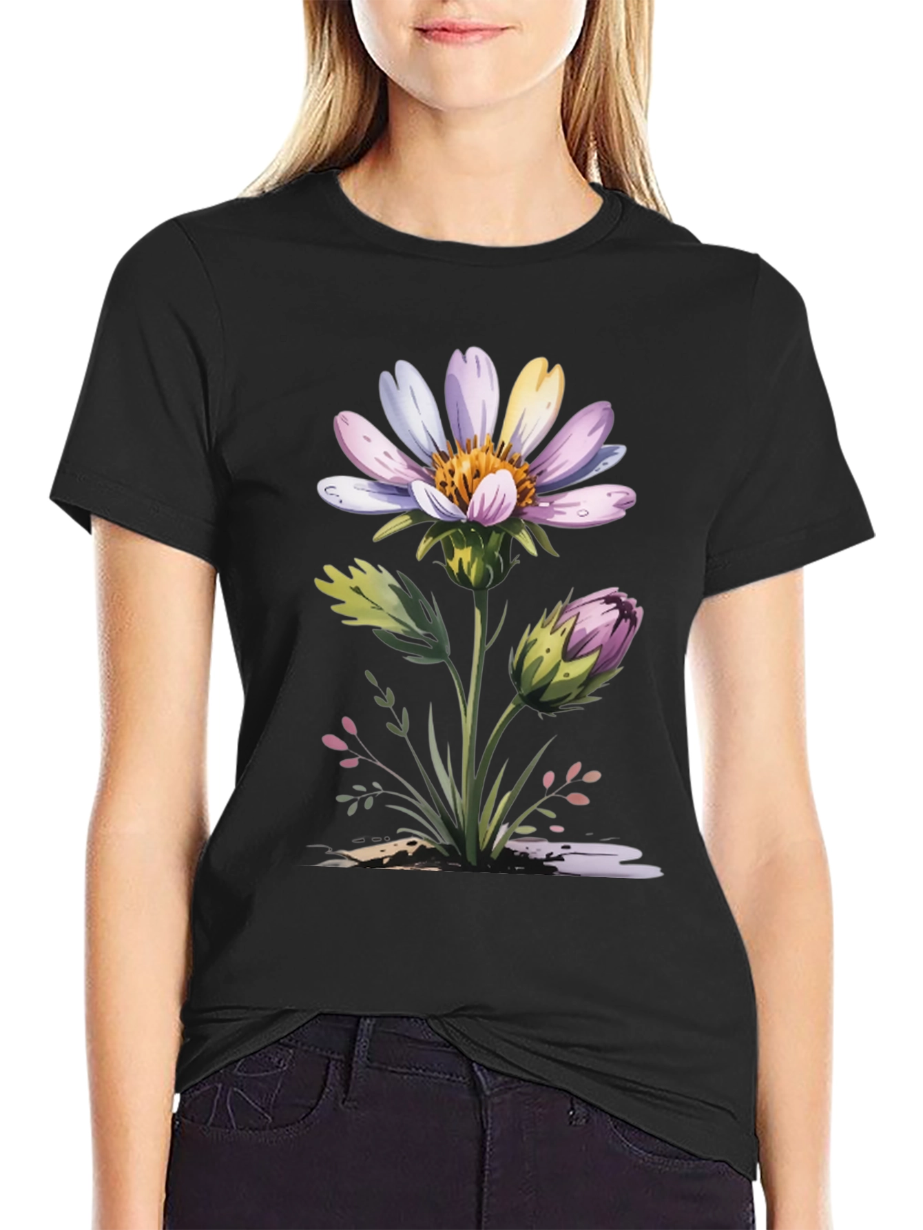 Black Floral Graphic Tee - Artistic Flower Design view 2