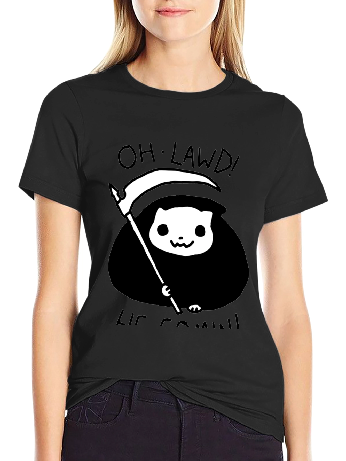 Black Grim Reaper Cat T-Shirt - Oh Lawd He Comin' Tee view 2