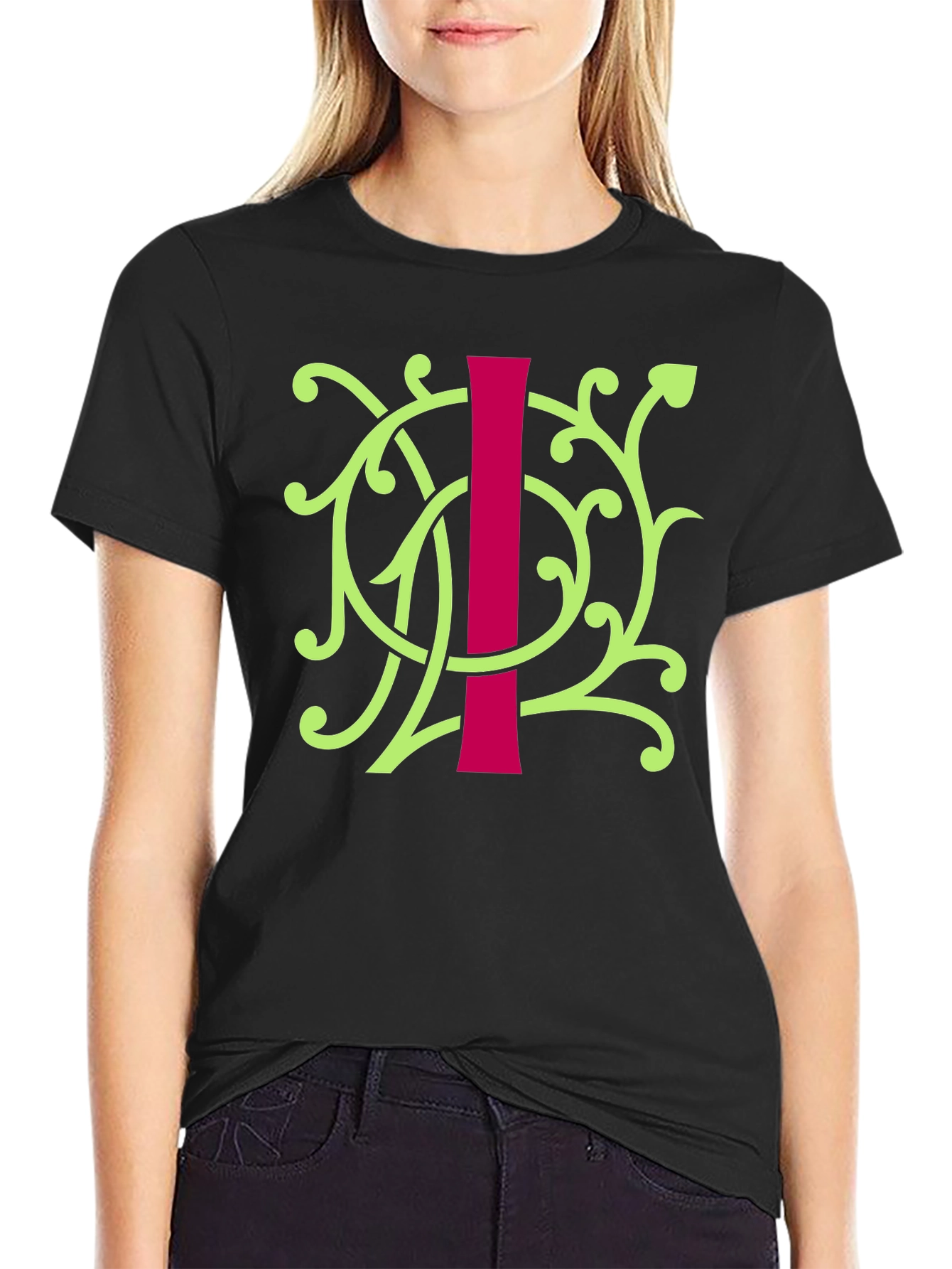 Black Floral Initial 'I' Graphic Tee - Unique Design view 2