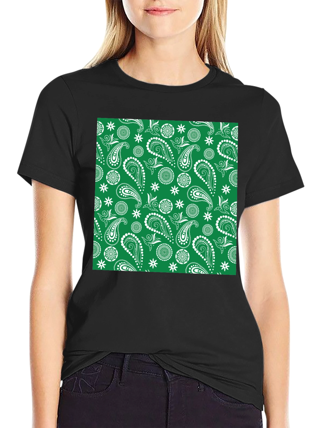 Black Green Paisley Pattern Tee - Casual Comfort view 2