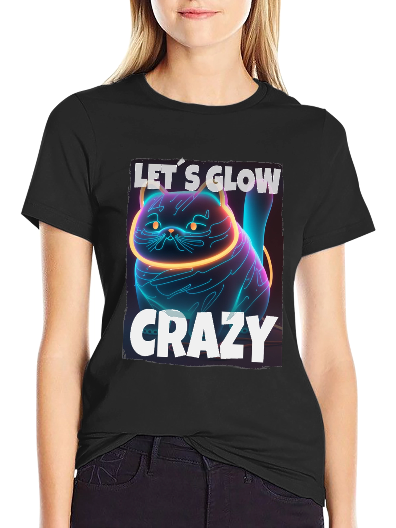 Black Let's Glow Crazy Cat Graphic T-Shirt - Neon Style view 2