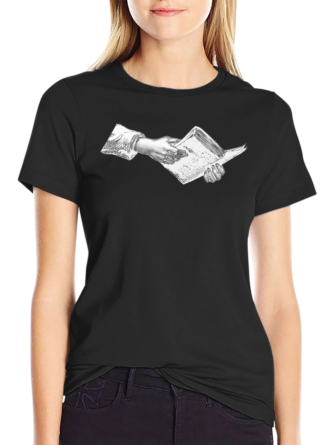 Vintage Hand Holding Book Black T-Shirt - 2