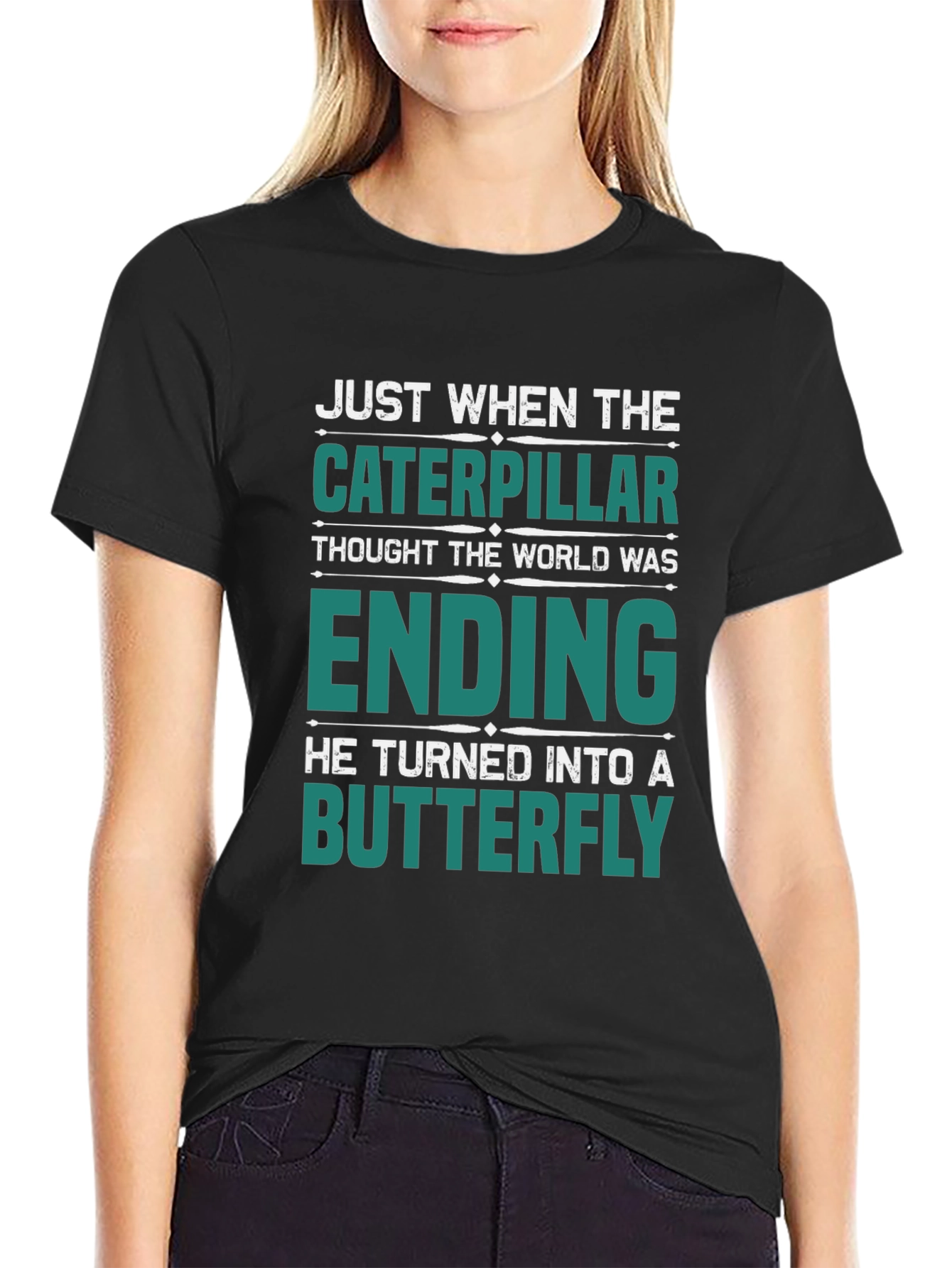 Black Caterpillar Turns Into Butterfly Graphic T-Shirt view 2