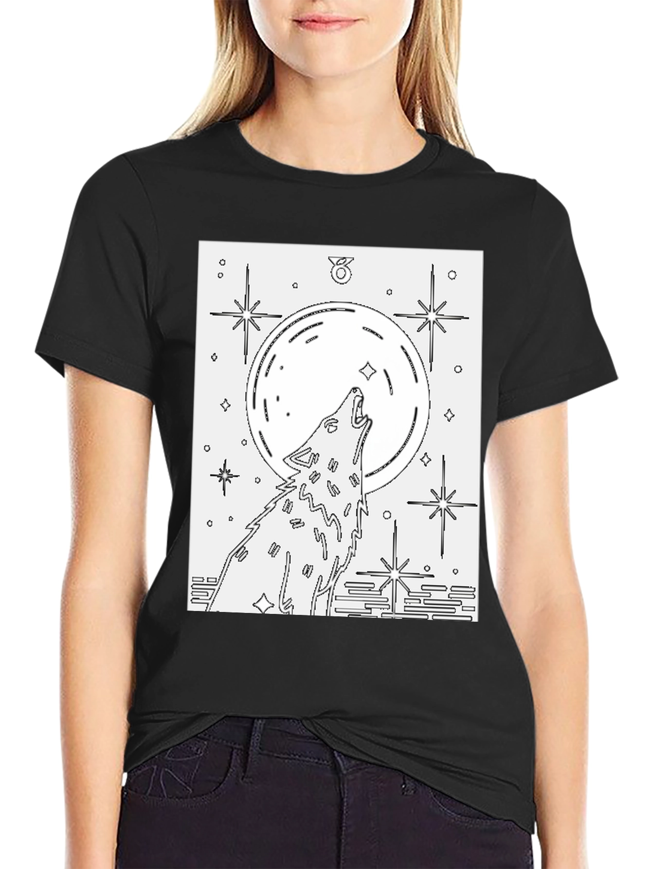 Black Wolf Moon Graphic Tee - Unisex Black Cotton T-Shirt view 2