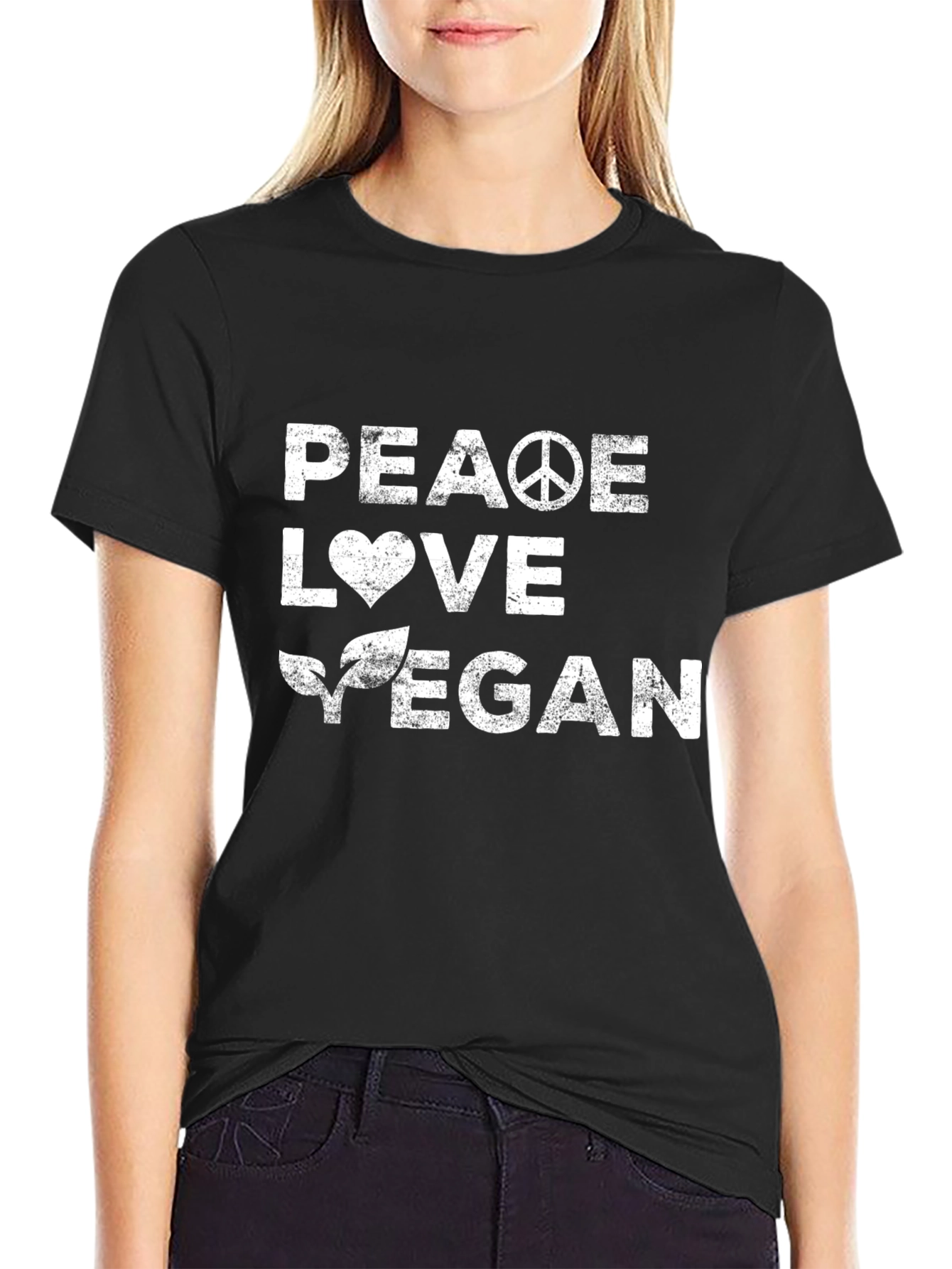 Black Peace Love Vegan T-Shirt - Unisex Black Tee view 2