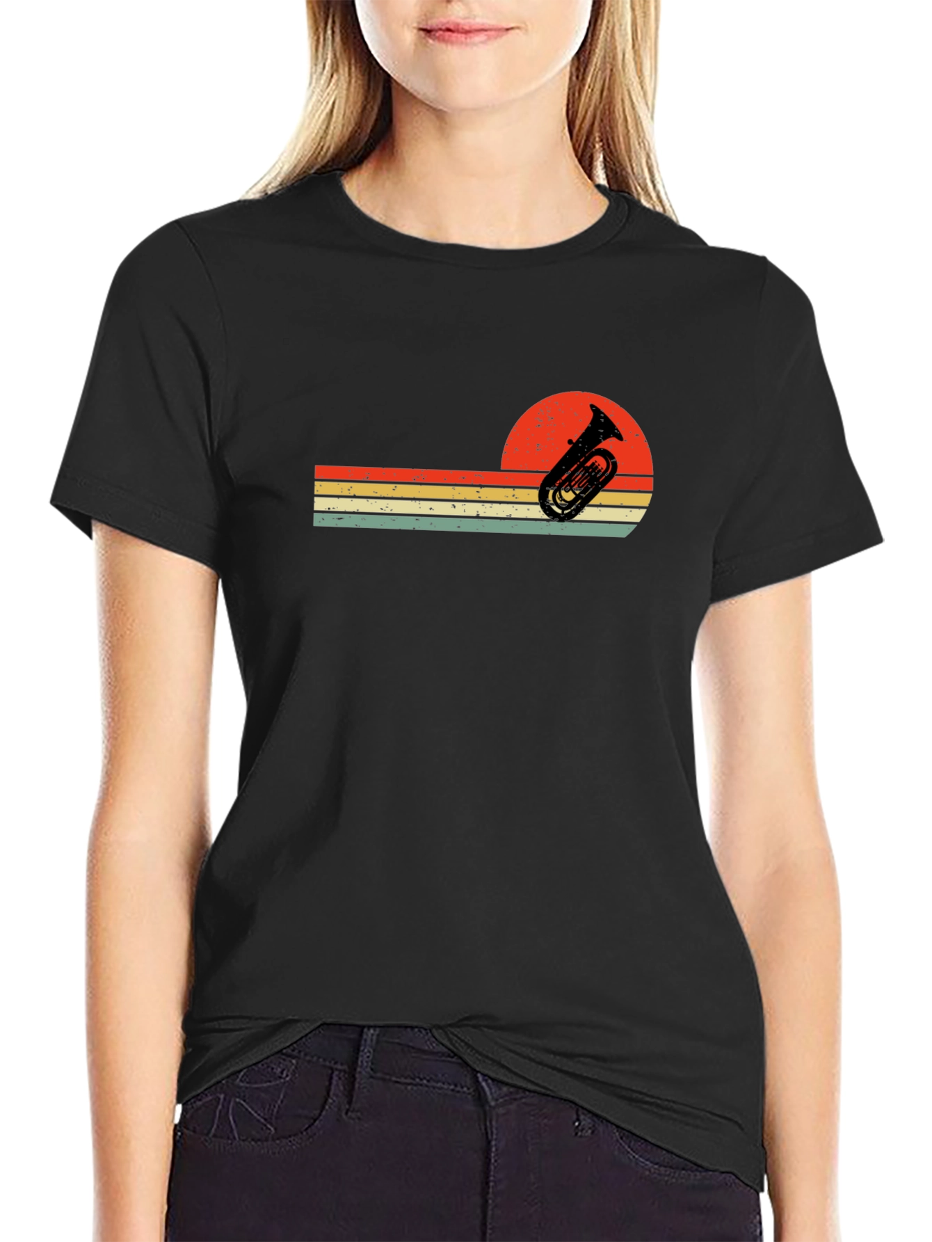 Black Retro Tuba Sunset Graphic Tee - Musician T-Shirt view 2