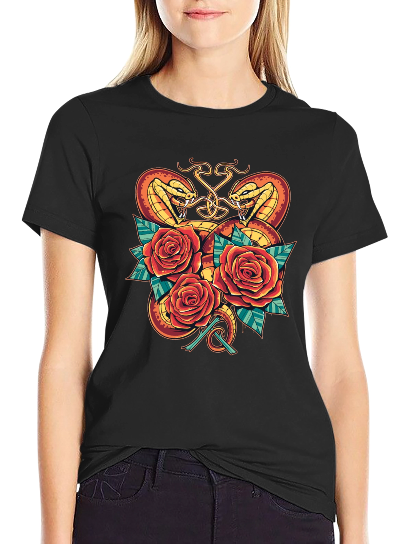 Black Snake & Roses Graphic T-Shirt - Bold Design view 2
