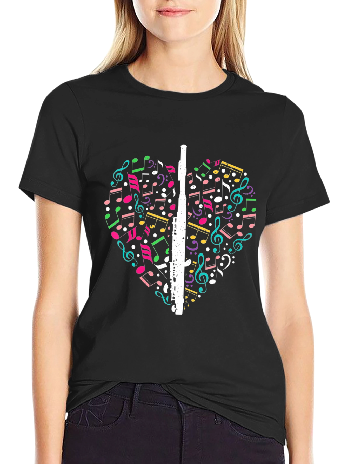 Black Musical Heart T-Shirt - Flute & Notes Design view 2
