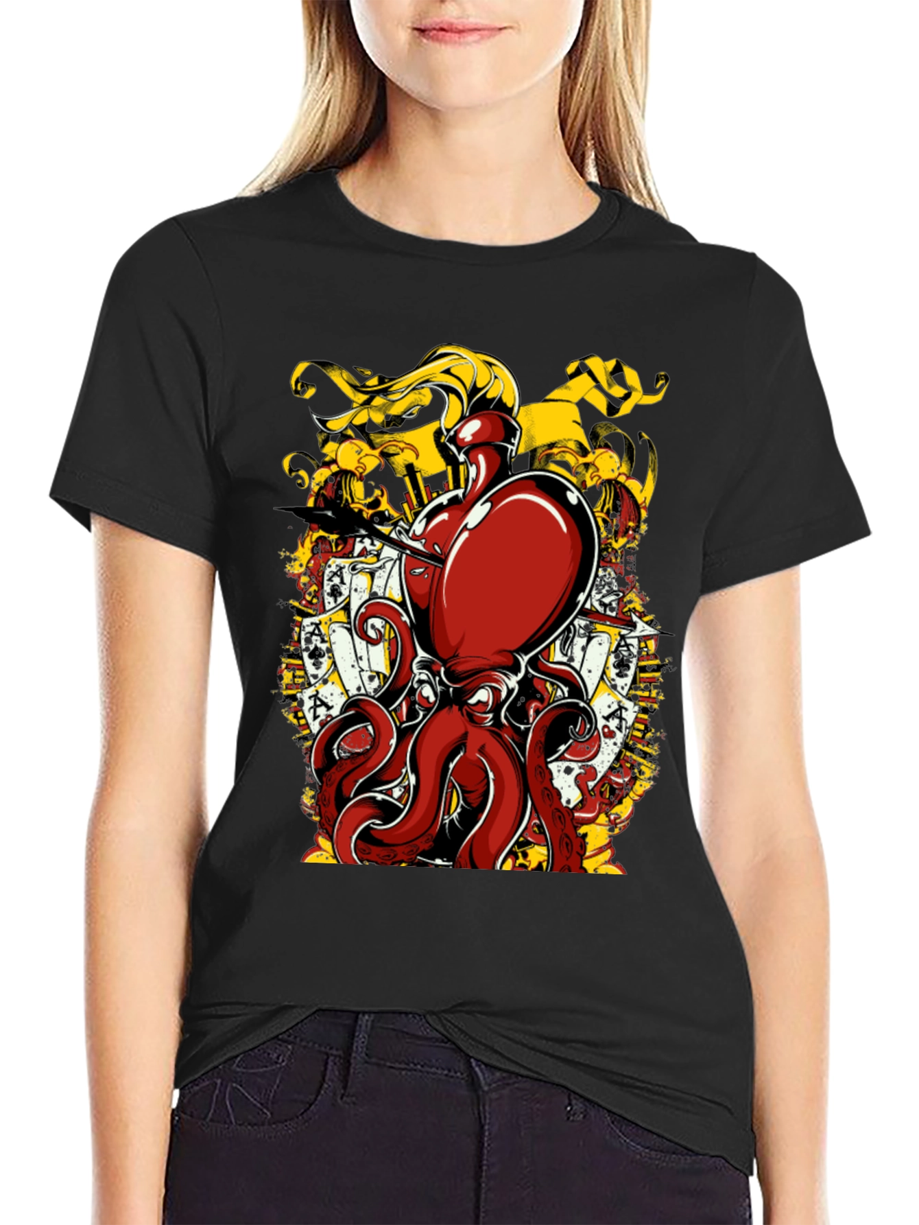 Black Octopus Poker Card Graphic T-Shirt view 2