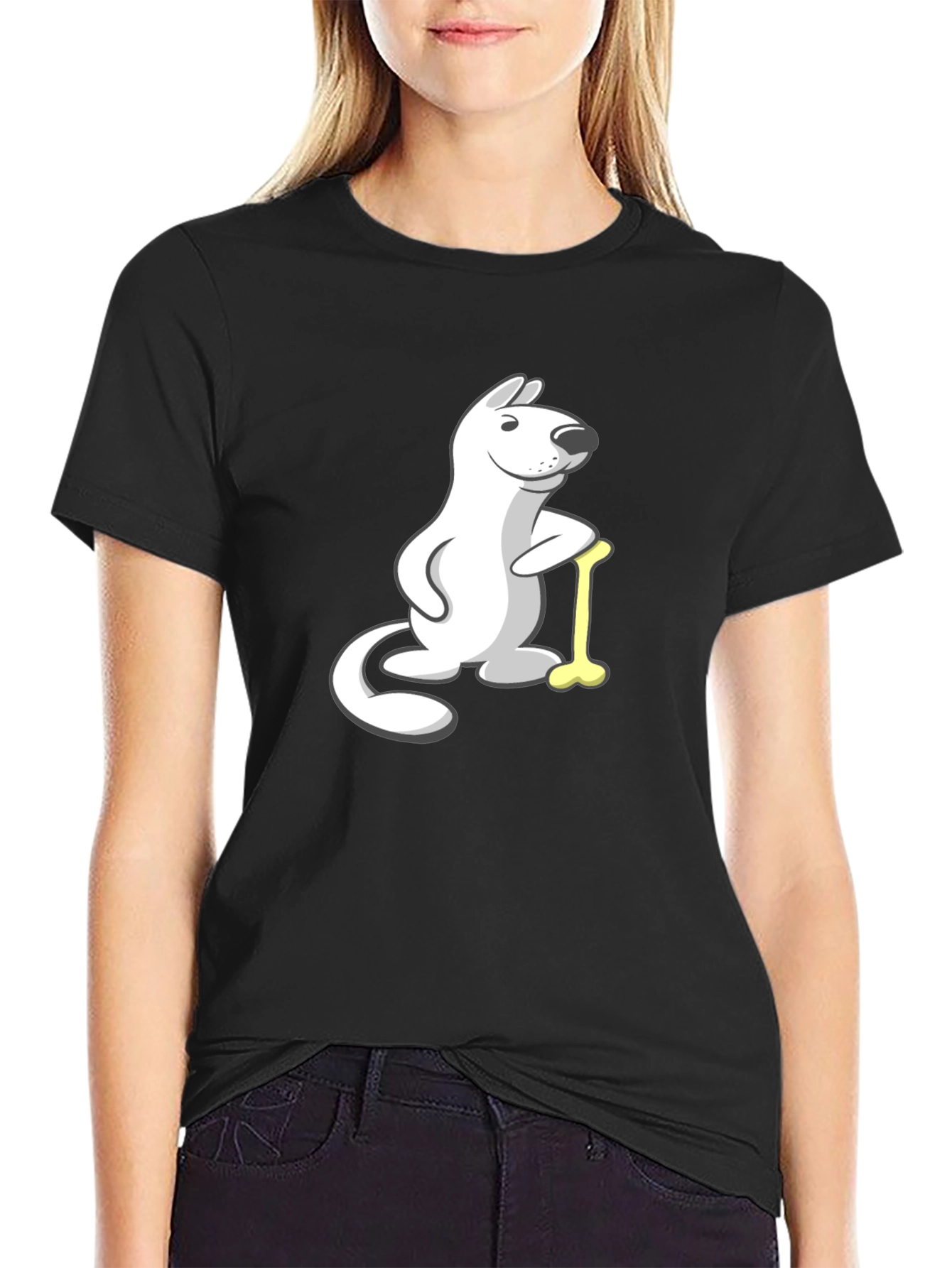 Black Cartoon Dog with Bone T-Shirt view 2
