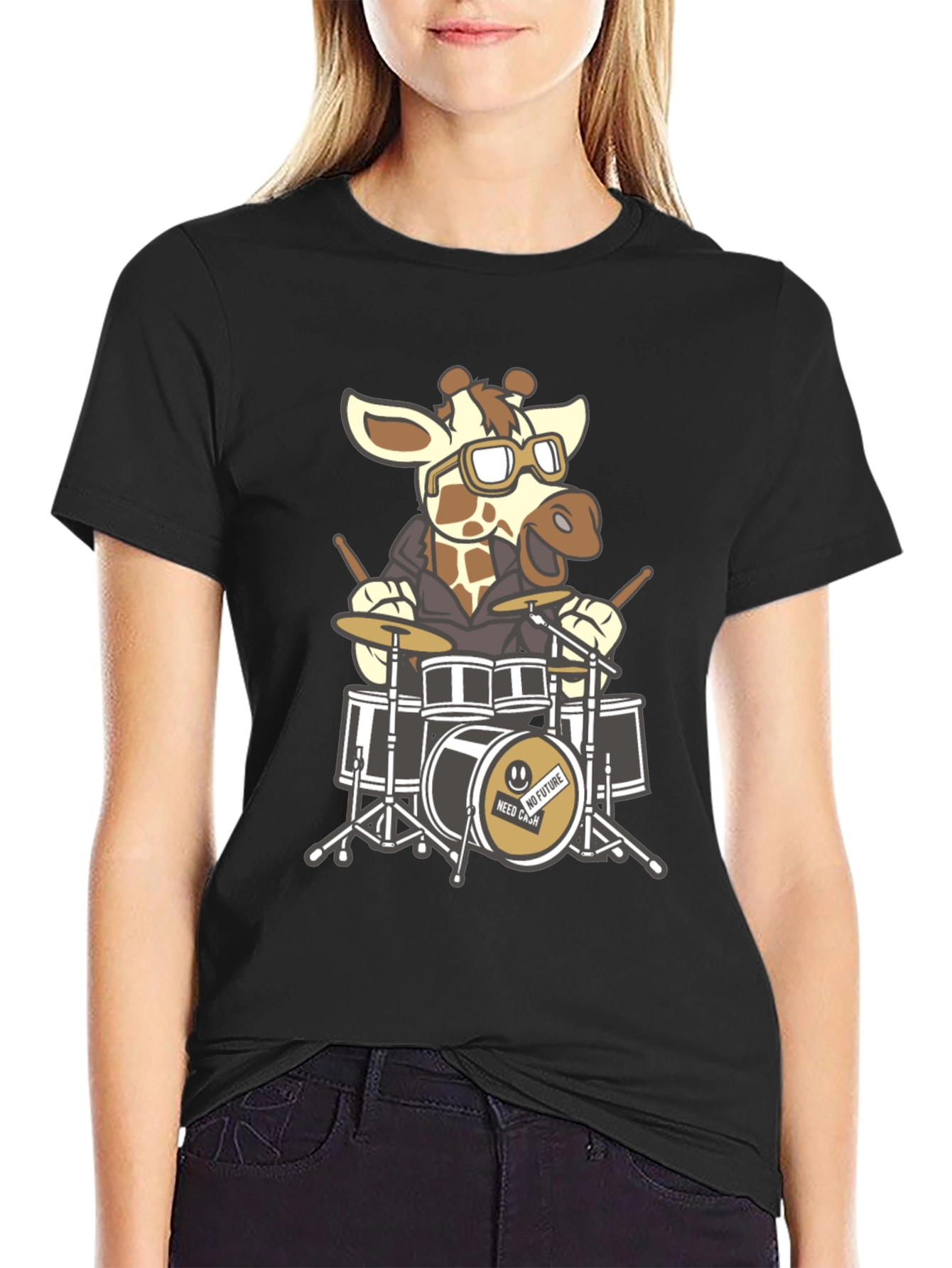 Black Giraffe Drummer Graphic Tee - Black Cotton T-Shirt view 2