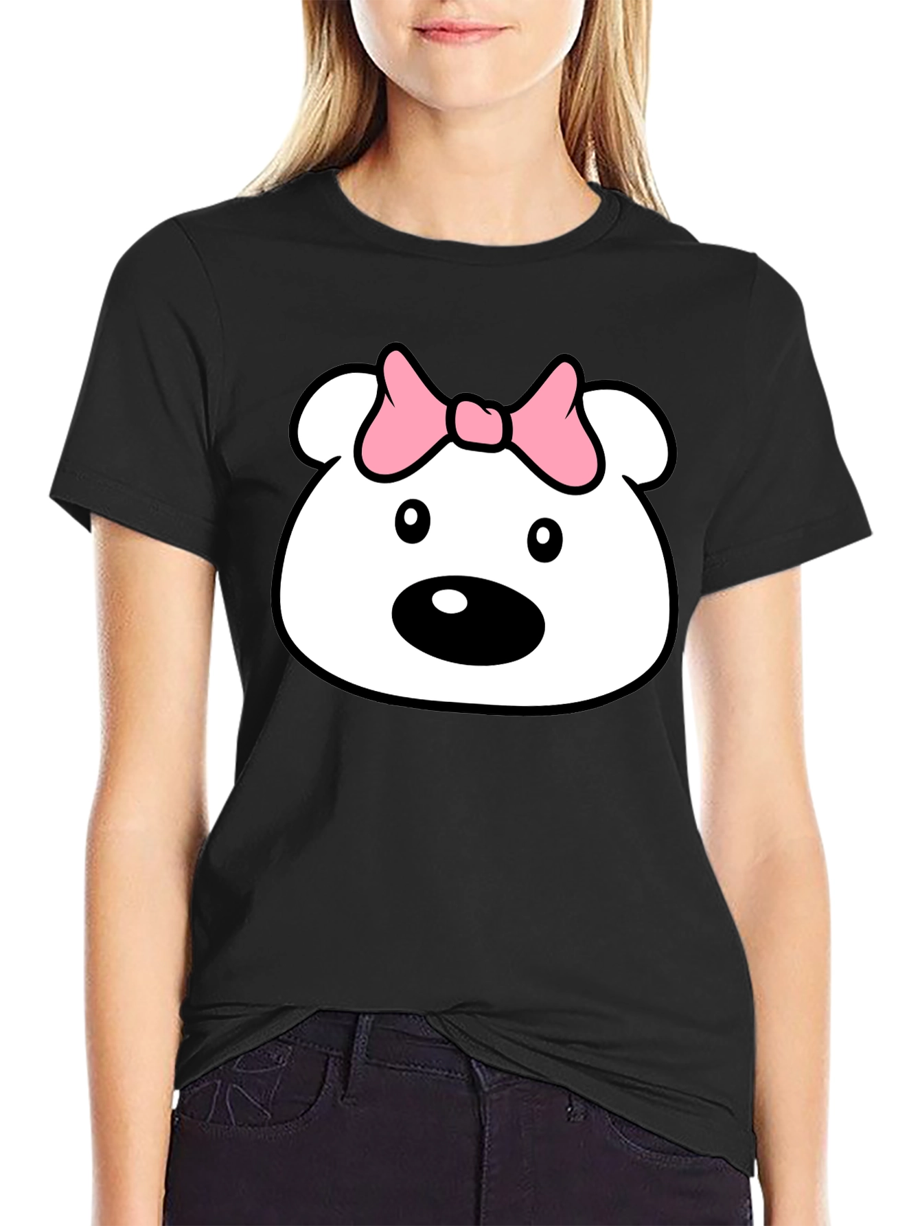 Black Cute Cartoon Bear T-Shirt - Black Cotton Tee view 2