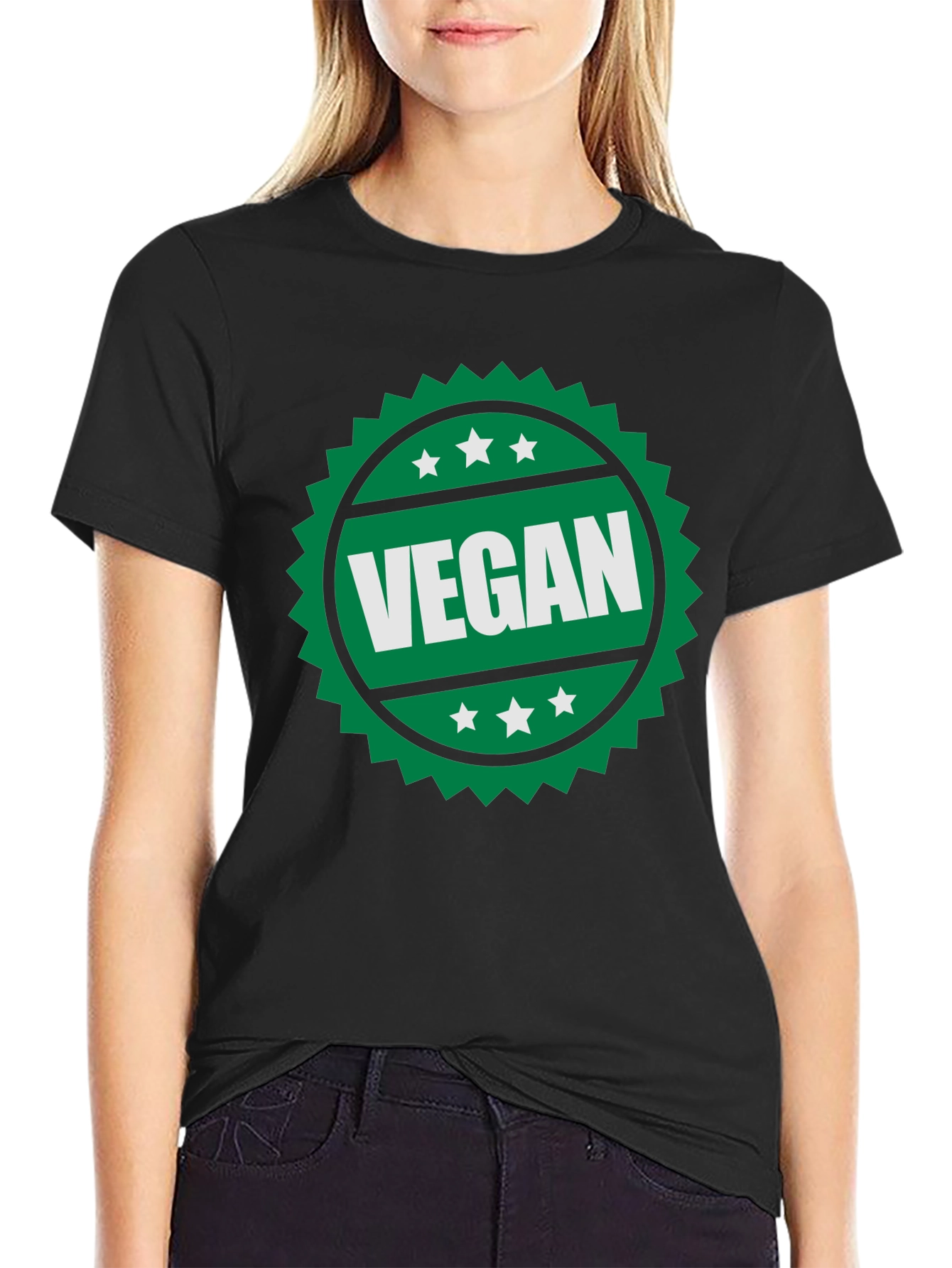 Black Vegan T-Shirt - Green Badge Design view 2