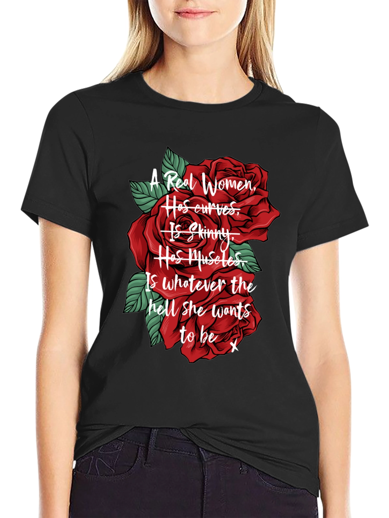 Black A Real Women T-Shirt - Red Roses Design view 2