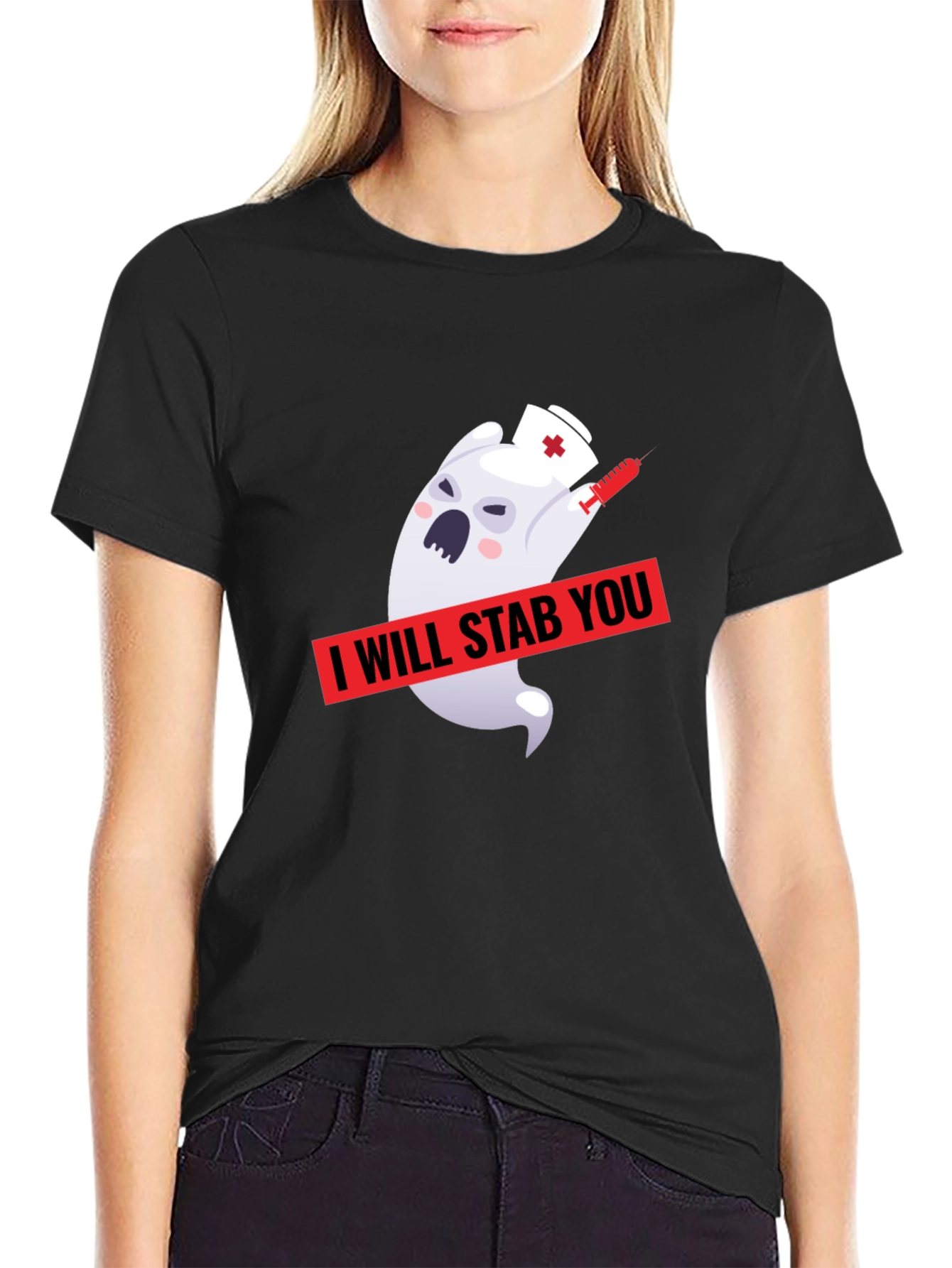 Black Funny Ghost Nurse I Will Stab You Graphic T-Shirt view 2