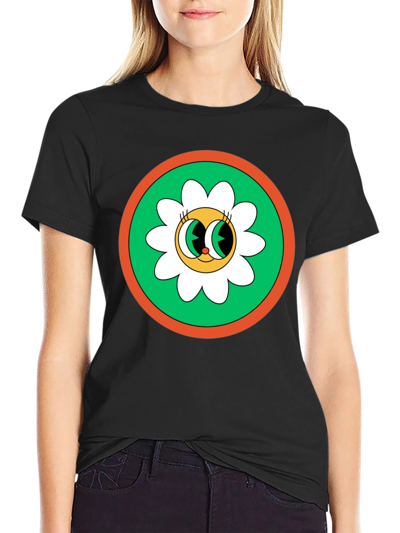 Black Retro Flower Power Graphic Tee - Black Cotton Blend view 2