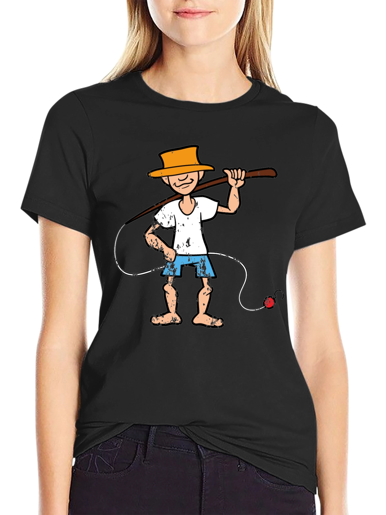 Black Cartoon Fisherman Graphic Tee - Unique Humor T-Shirt view 2
