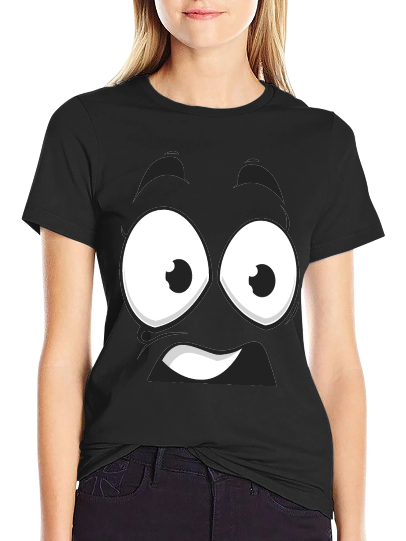 Black Funny Cartoon Face Black T-Shirt view 2