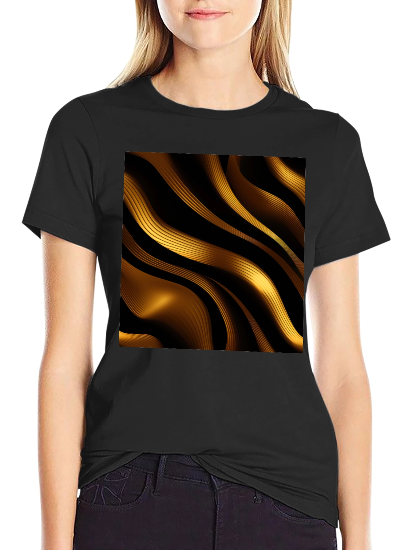 Black Golden Abstract Wave Print Black T-Shirt view 2