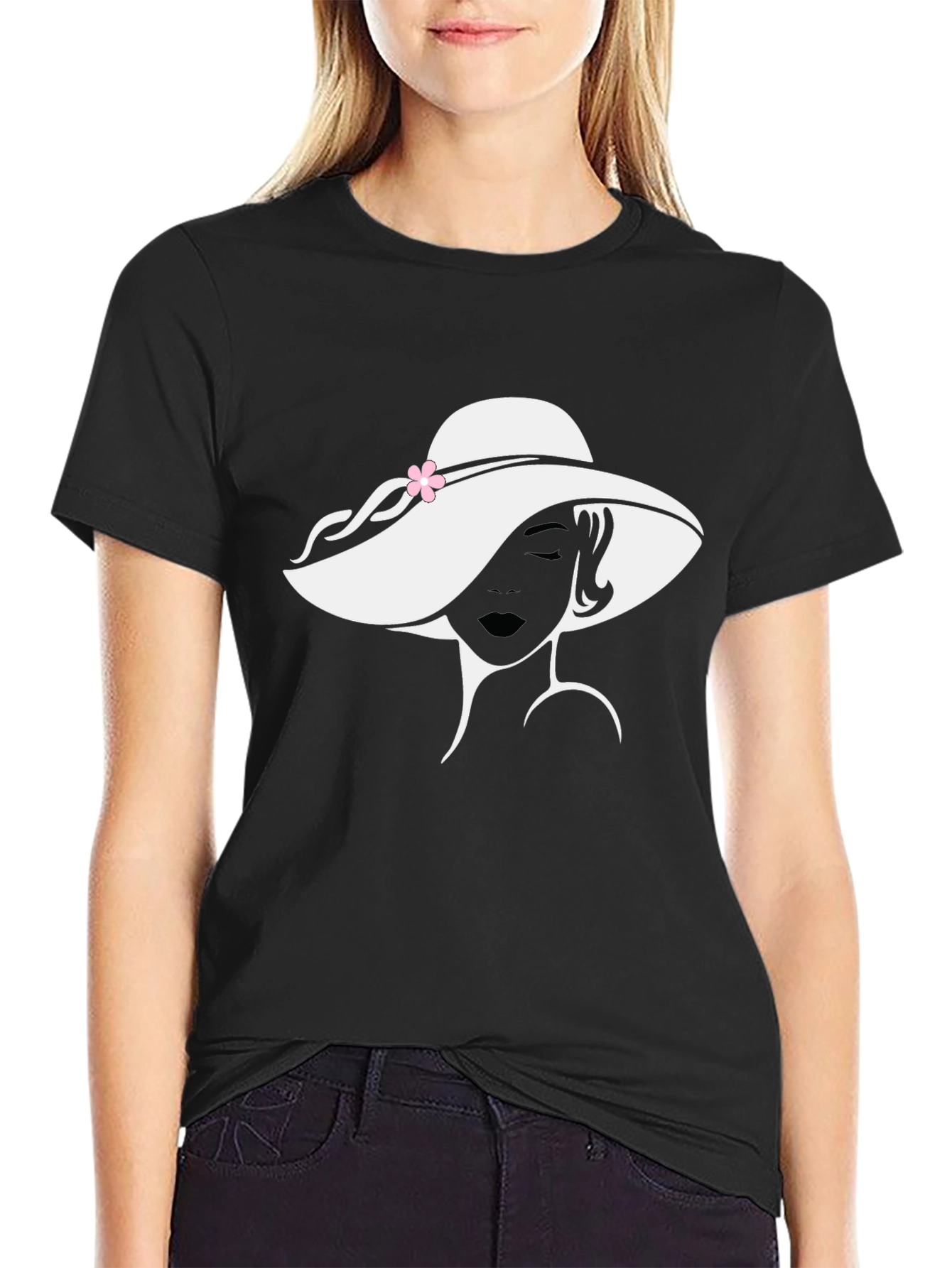 Black Elegant Woman Hat Graphic T-Shirt - Classic Black Tee view 2