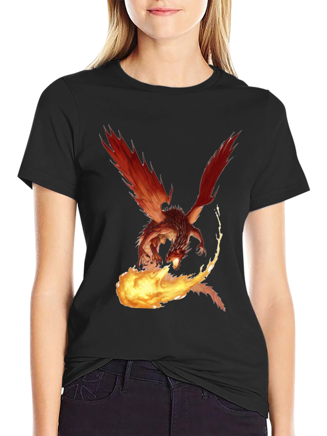 Black Fiery Dragon Graphic Tee - Black Cotton T-Shirt view 2