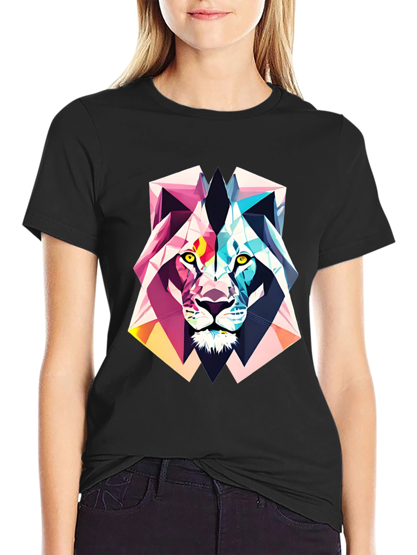 Black Geometric Lion Graphic Tee - Abstract Art Shirt view 2