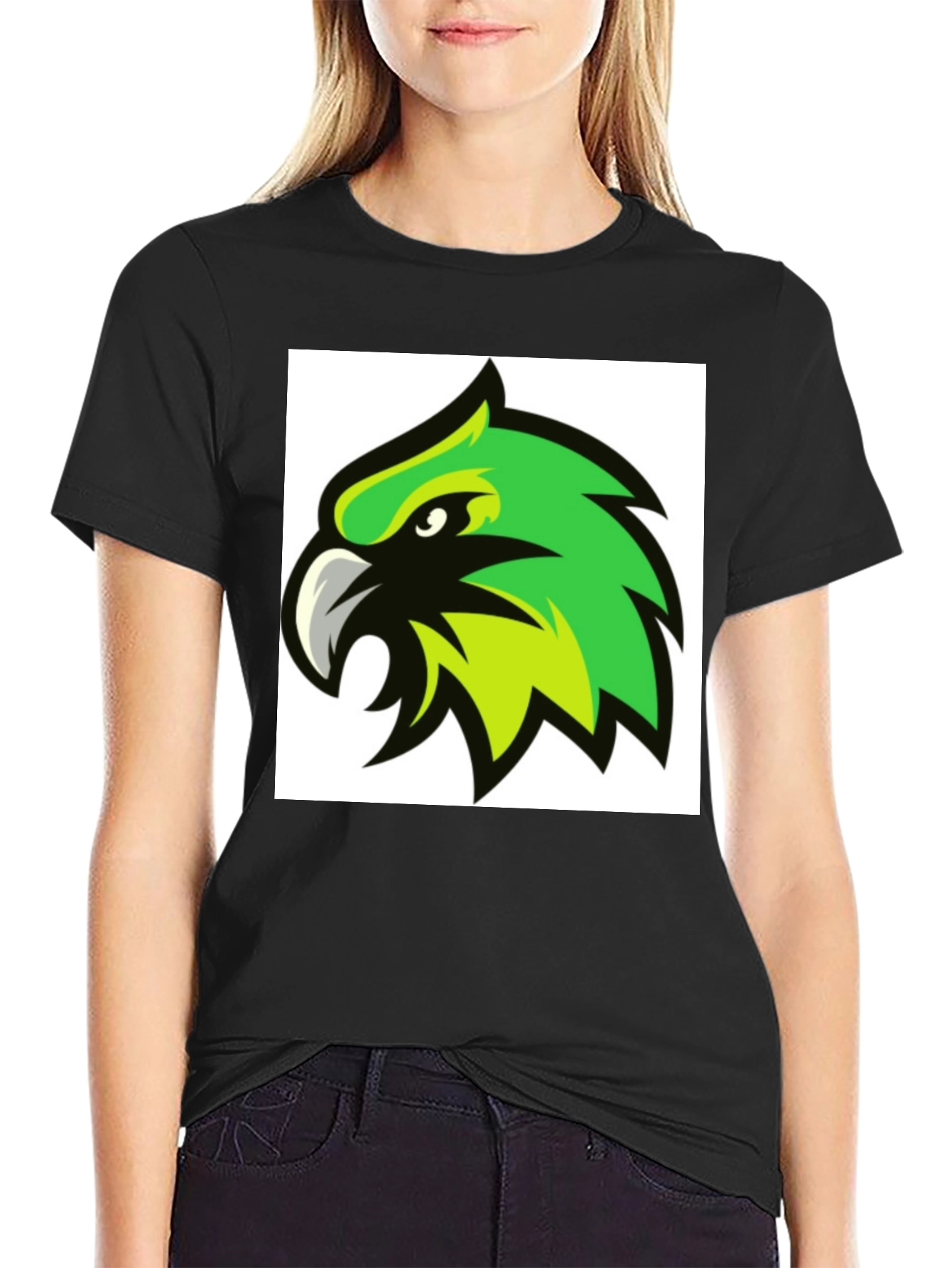Black Bold Black T-Shirt with Green Hawk Graphic view 2