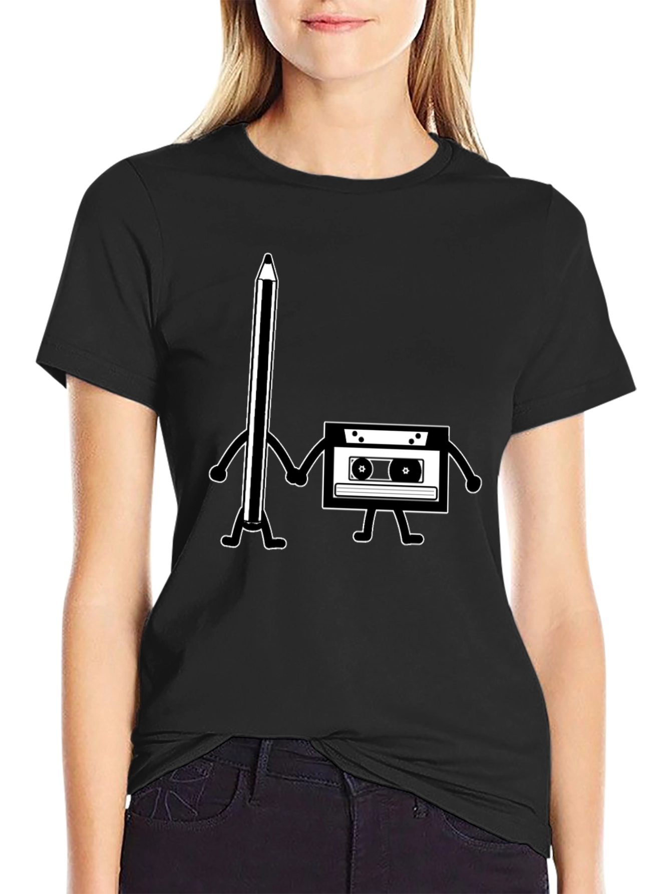 Black Retro Music Lover Tee - Pencil & Cassette Best Friends view 2