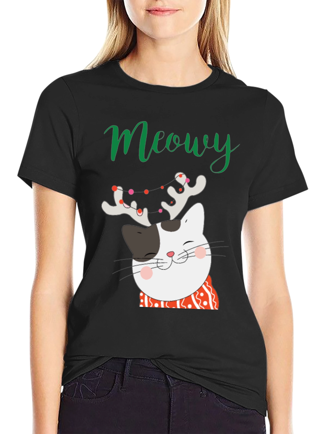 Black Meowy Christmas Cat T-Shirt view 2