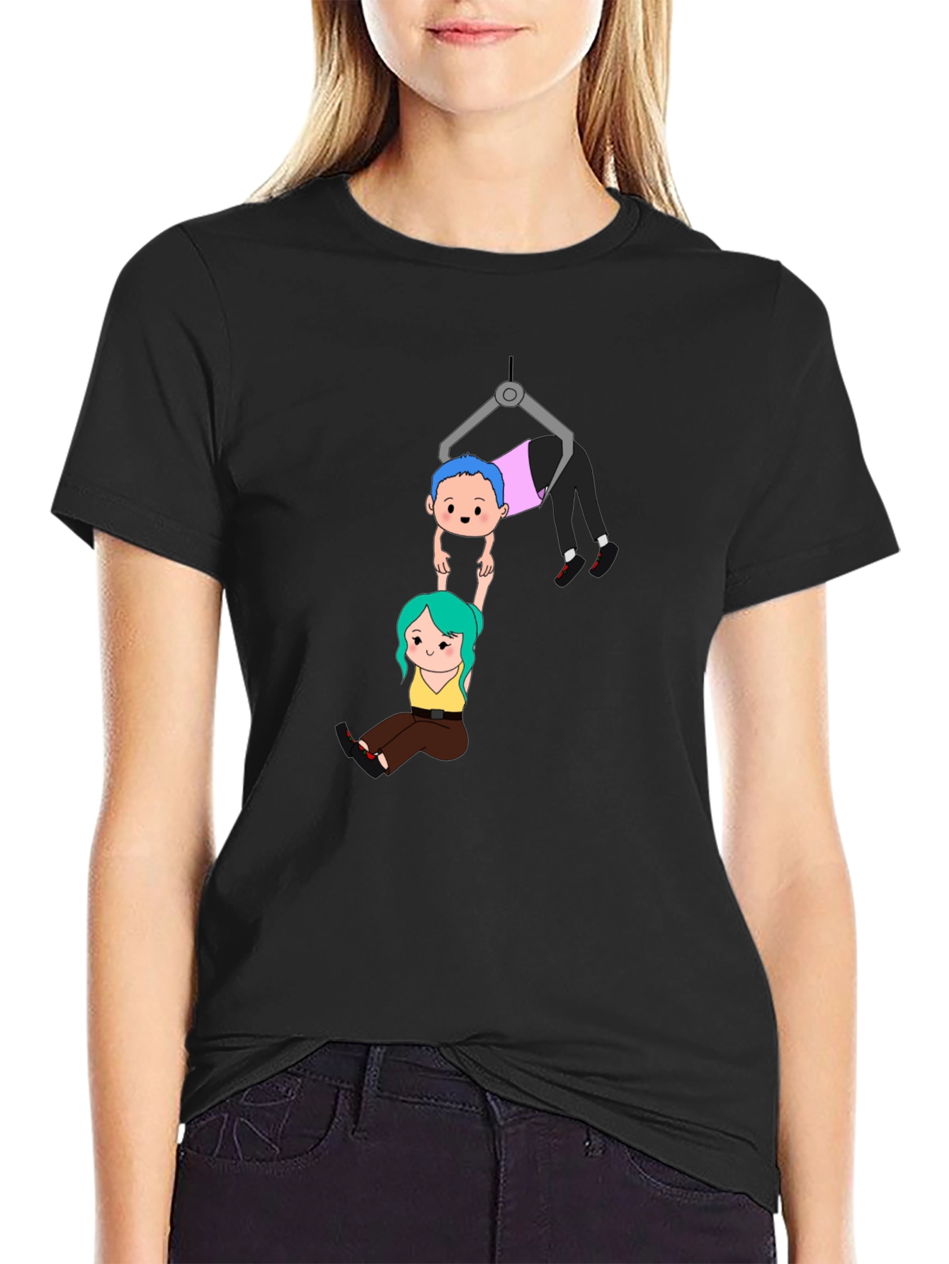 Black Cartoon Couple Crane T-Shirt view 2