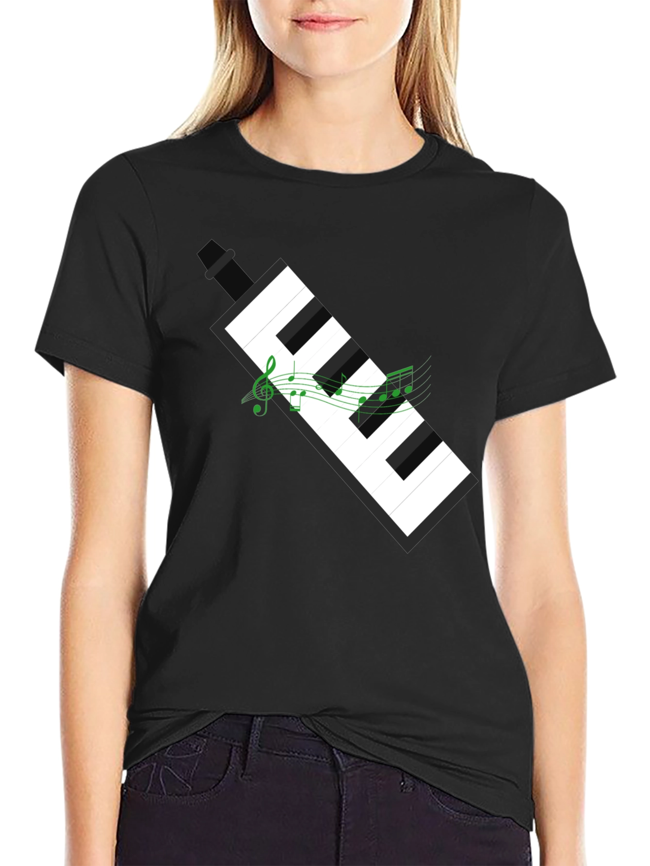 Black Musical Keyboard Graphic Tee - Black Cotton T-Shirt view 2